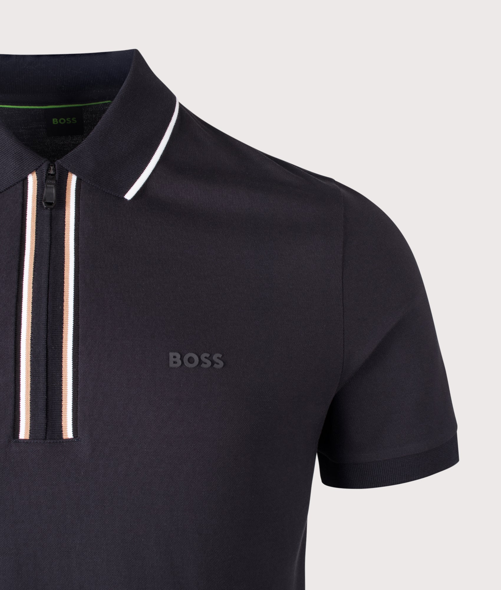 BOSS Slim Fit Philix Polo Shirt in Dark Blue at EQVVS Menswear. Front shot.