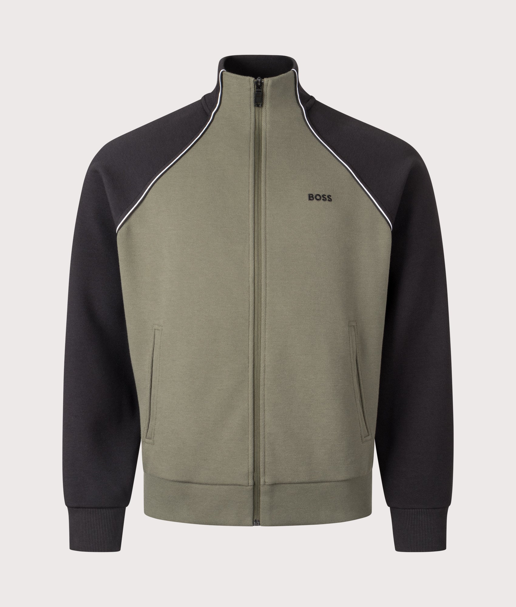BOSS Join Skaz Zip Through Track Top in Dark Beige at EQVVS Menswear. Front shot.