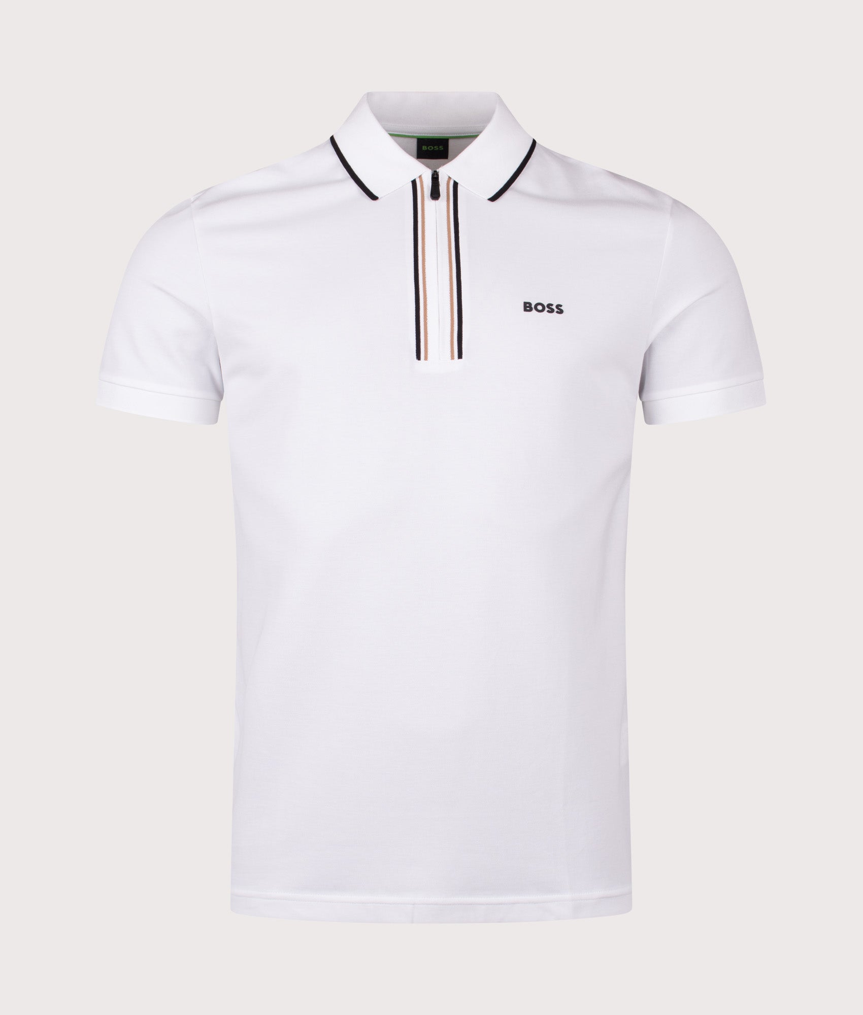 Boss Slim Fit Philix Polo Shirt in White at EQVVS Menswear. Front shot.