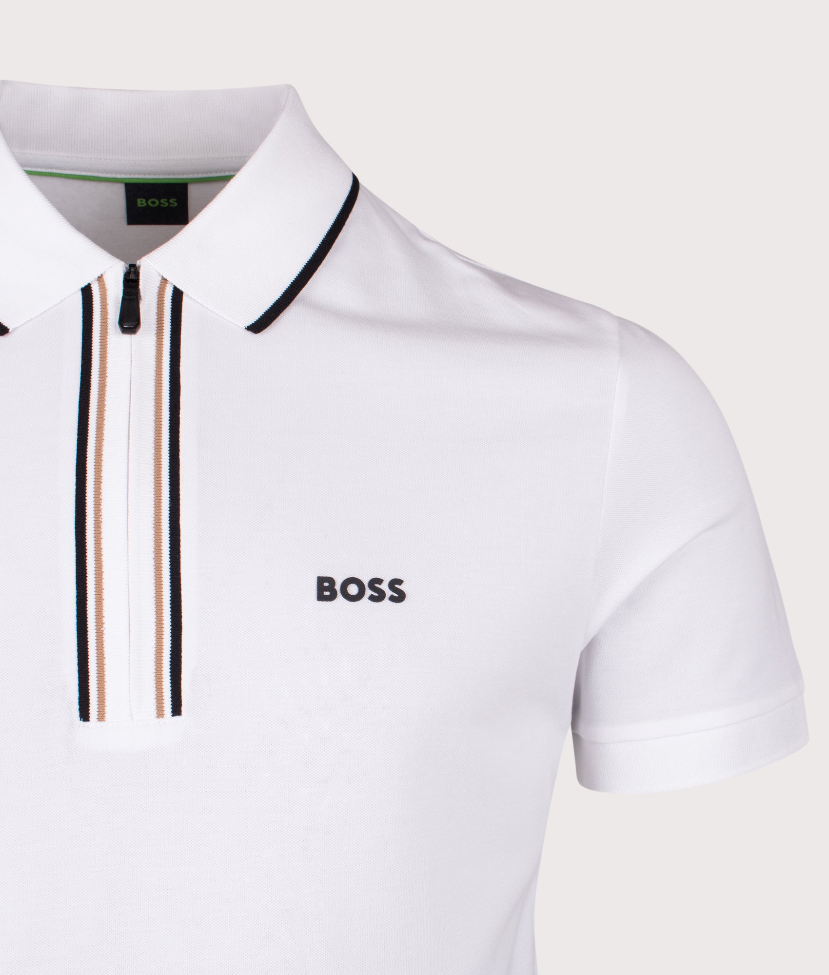 Boss Slim Fit Philix Polo Shirt in White at EQVVS Menswear. Detail shot.