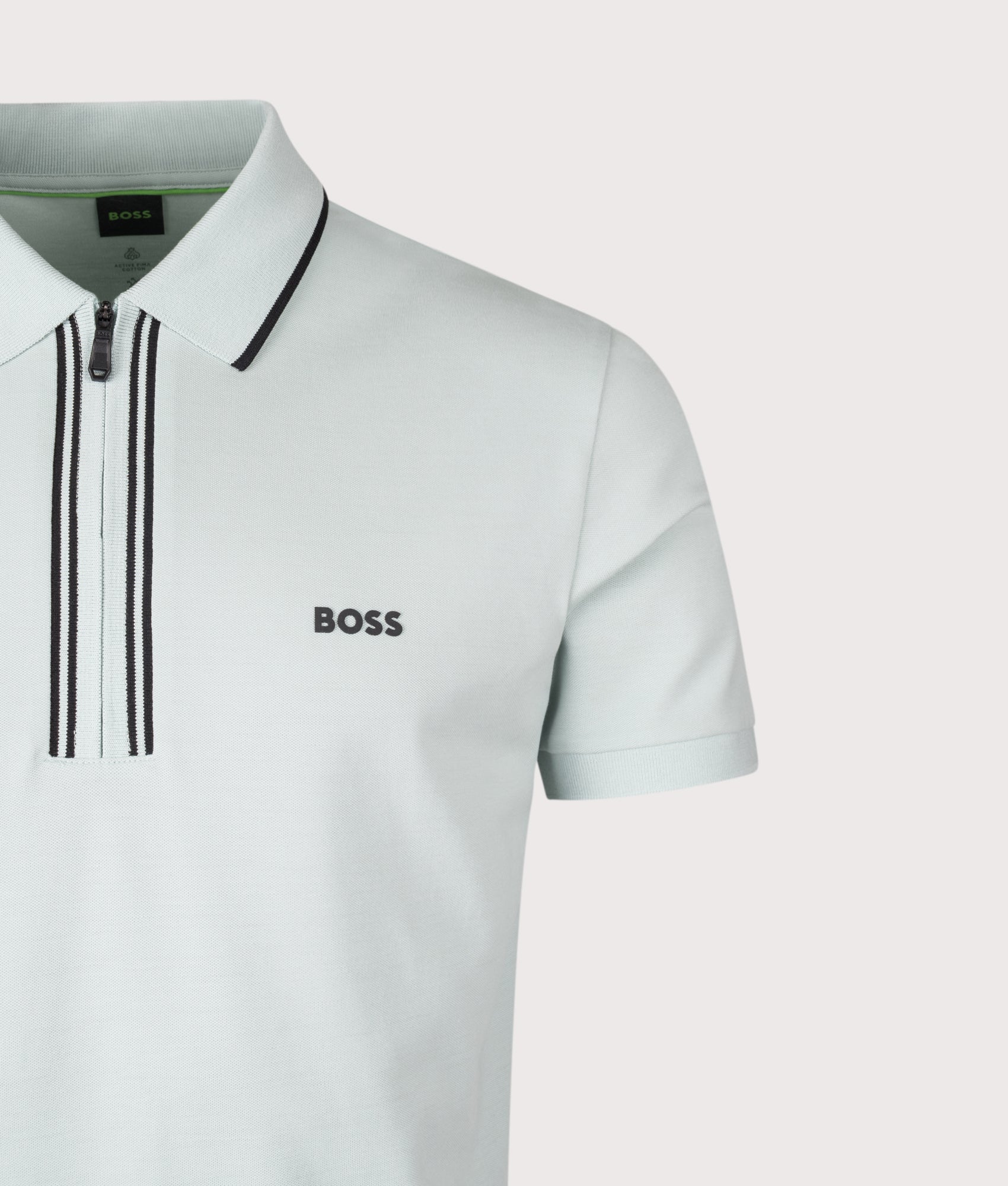 BOSS Philix Polo Shirt in Turquoise/Aqua at EQVVS Menswear. Detail shot.