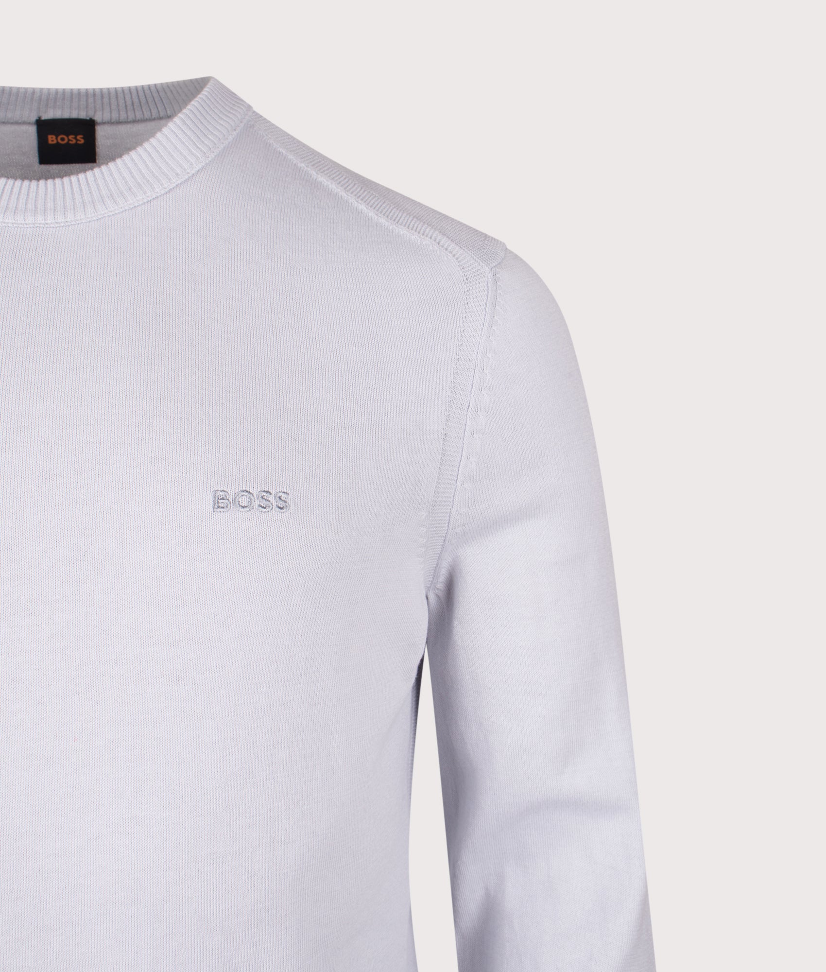 Asac Crewneck Knit in Light/Pastel Grey | BOSS | EQVVS | Front detail shot 