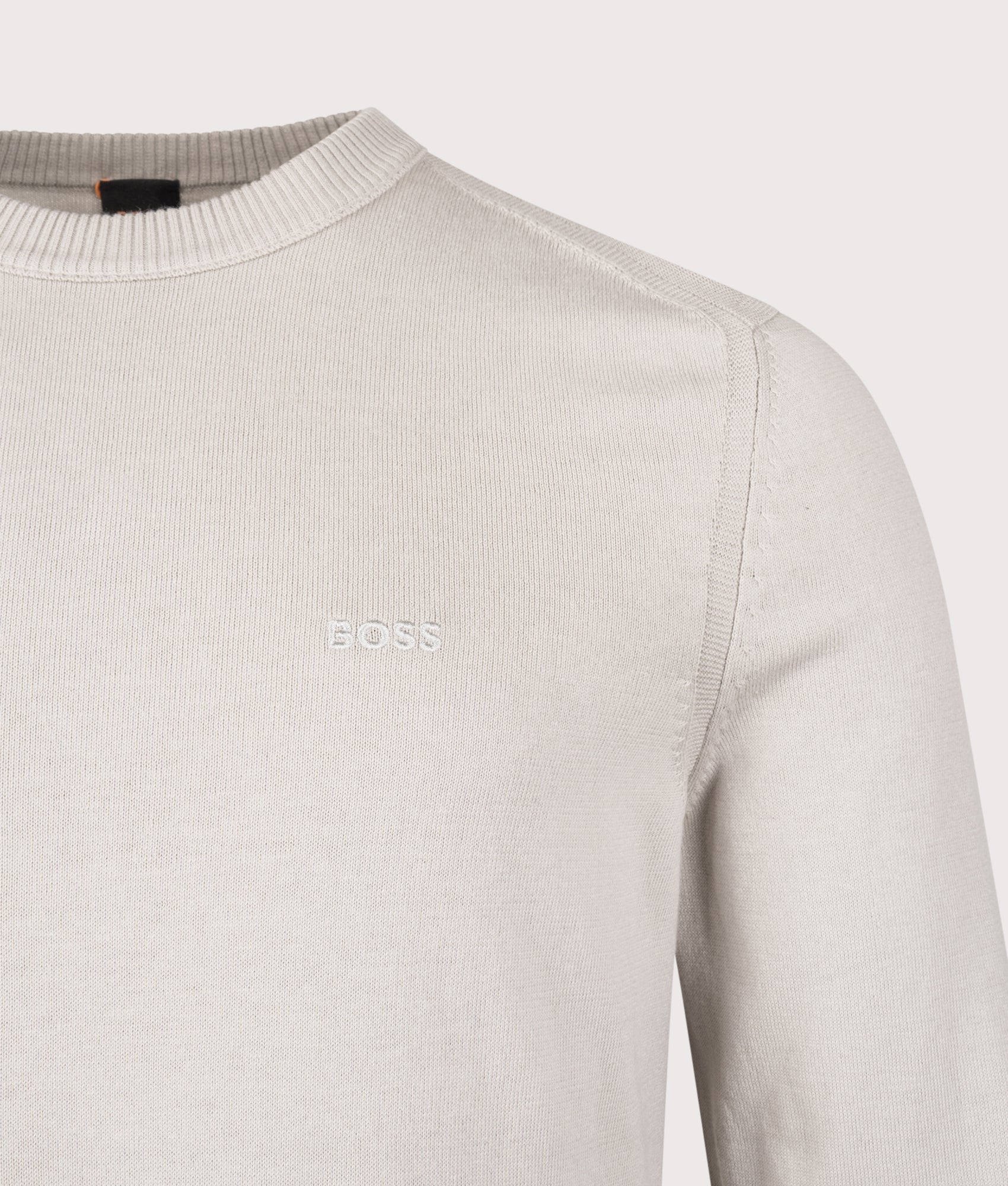 BOSS Asac Crewneck Knit in Open Grey at EQVVS Menswear. Detail shot.