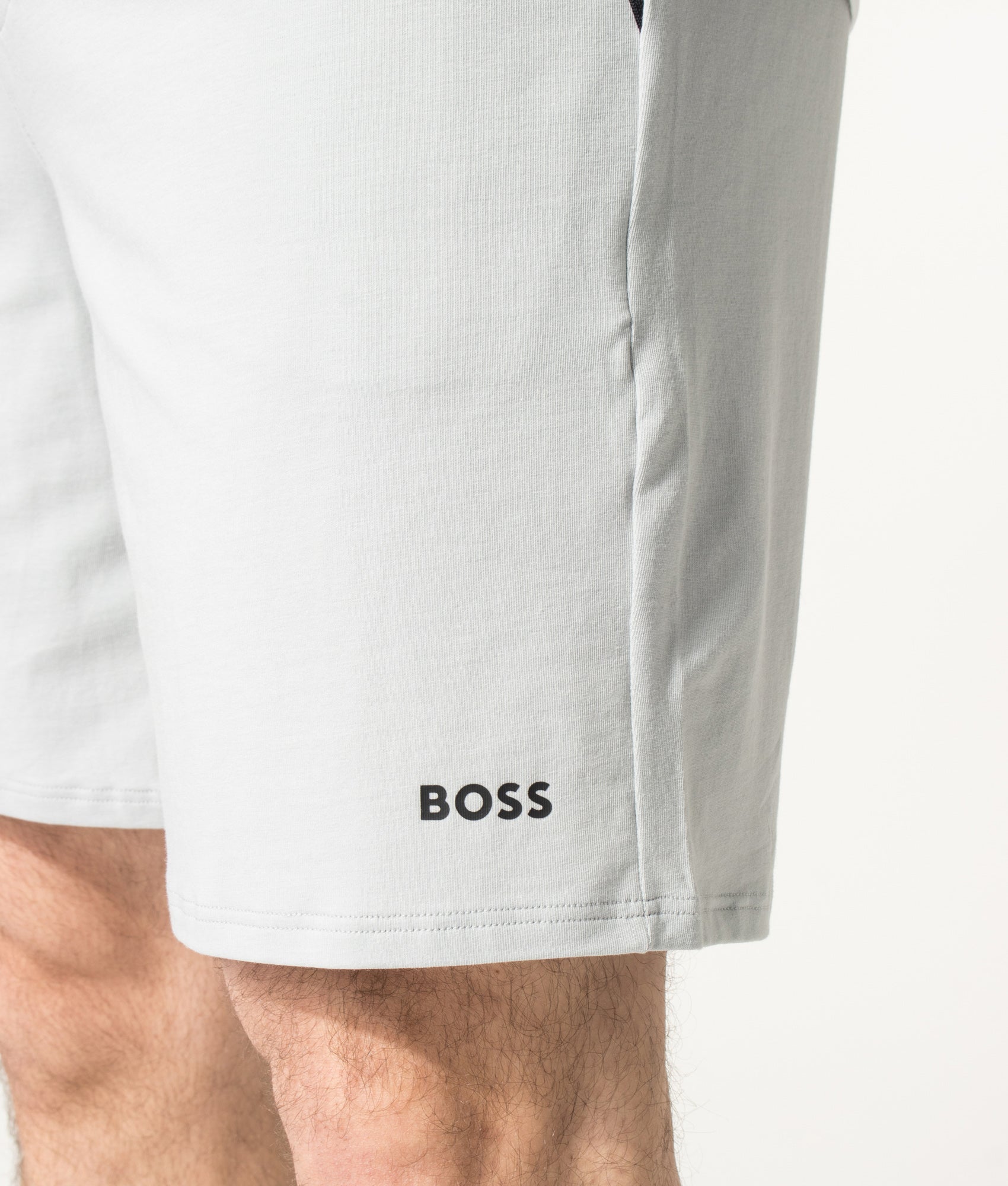 BOSS Unique Lounge Shorts in Light/Pastel Grey at EQVVS Menswear. Detail shot.