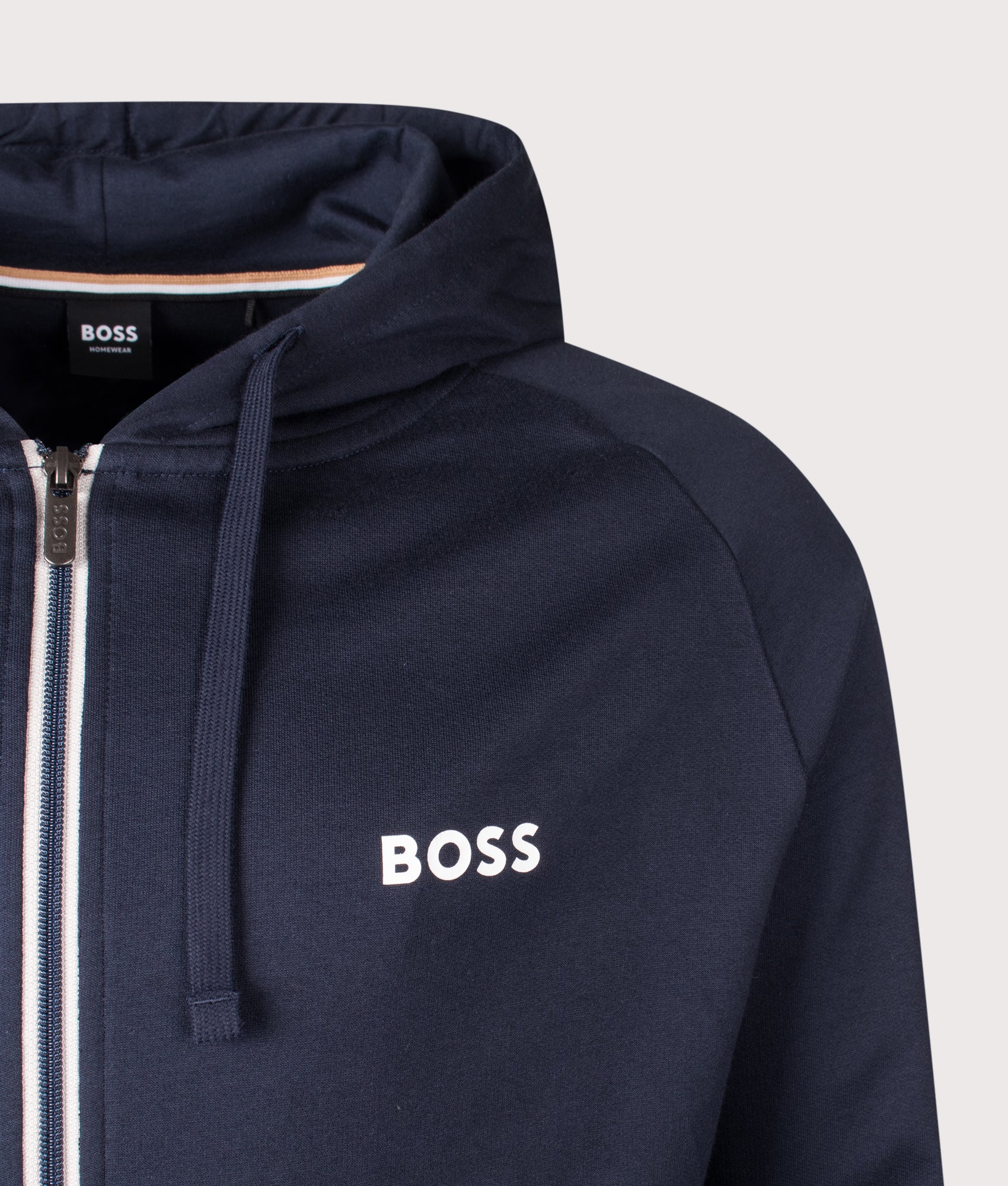 Authentic Full Zip Hoodie in Dark Blue by BOSS. Shot by EQVVS. Detail shot.