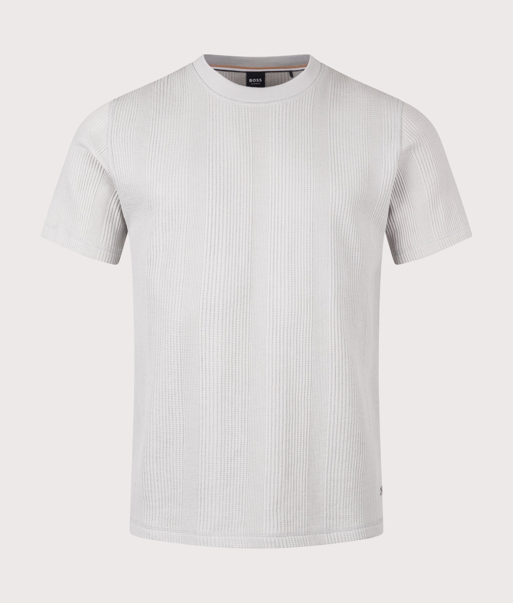 Structure Waffle T-Shirt in Light/Pastel Grey by BOSS. Shot by EQVVS. Front shot.