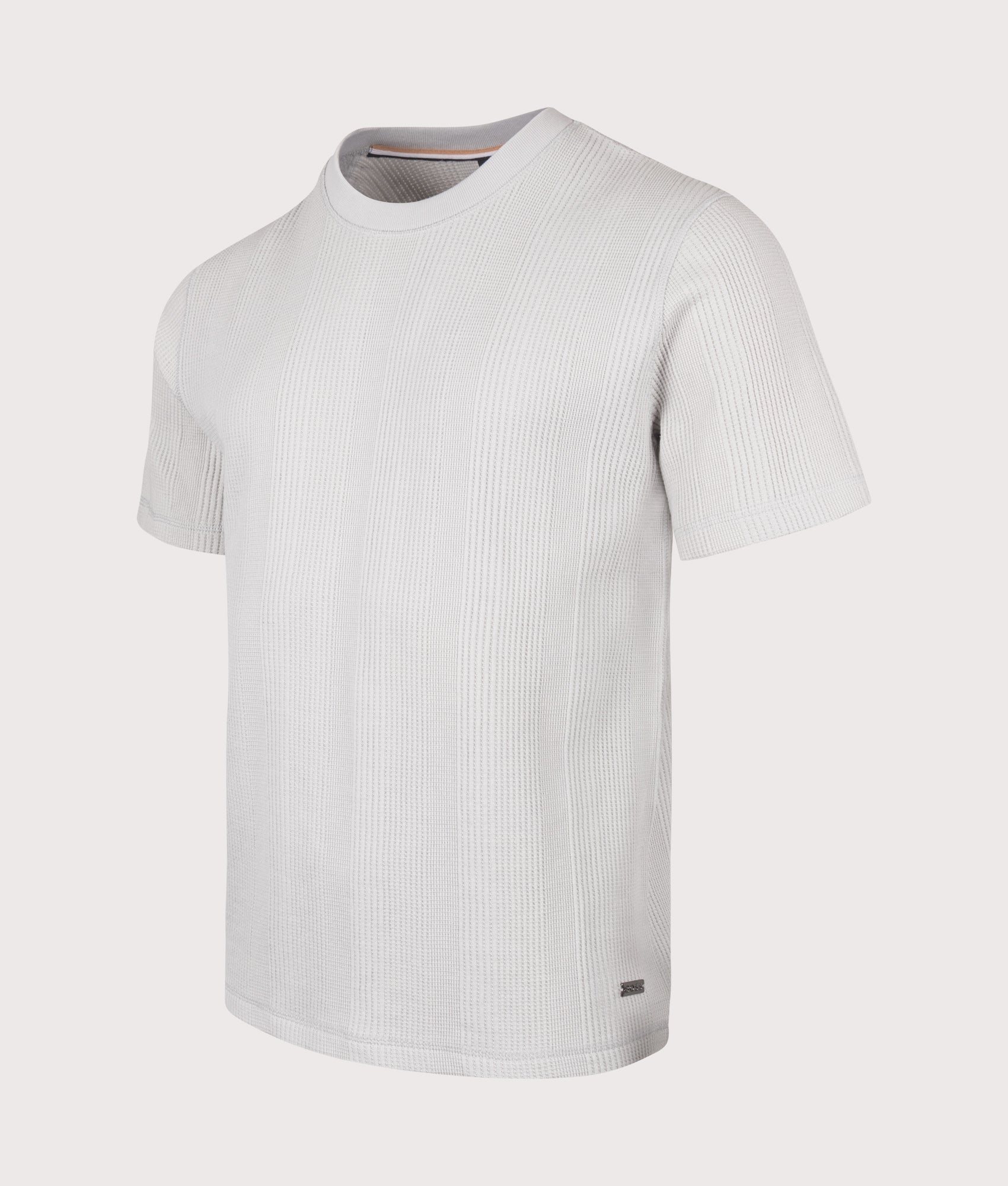 Structure Waffle T-Shirt in Light/Pastel Grey by BOSS. Shot by EQVVS. Front angled shot.