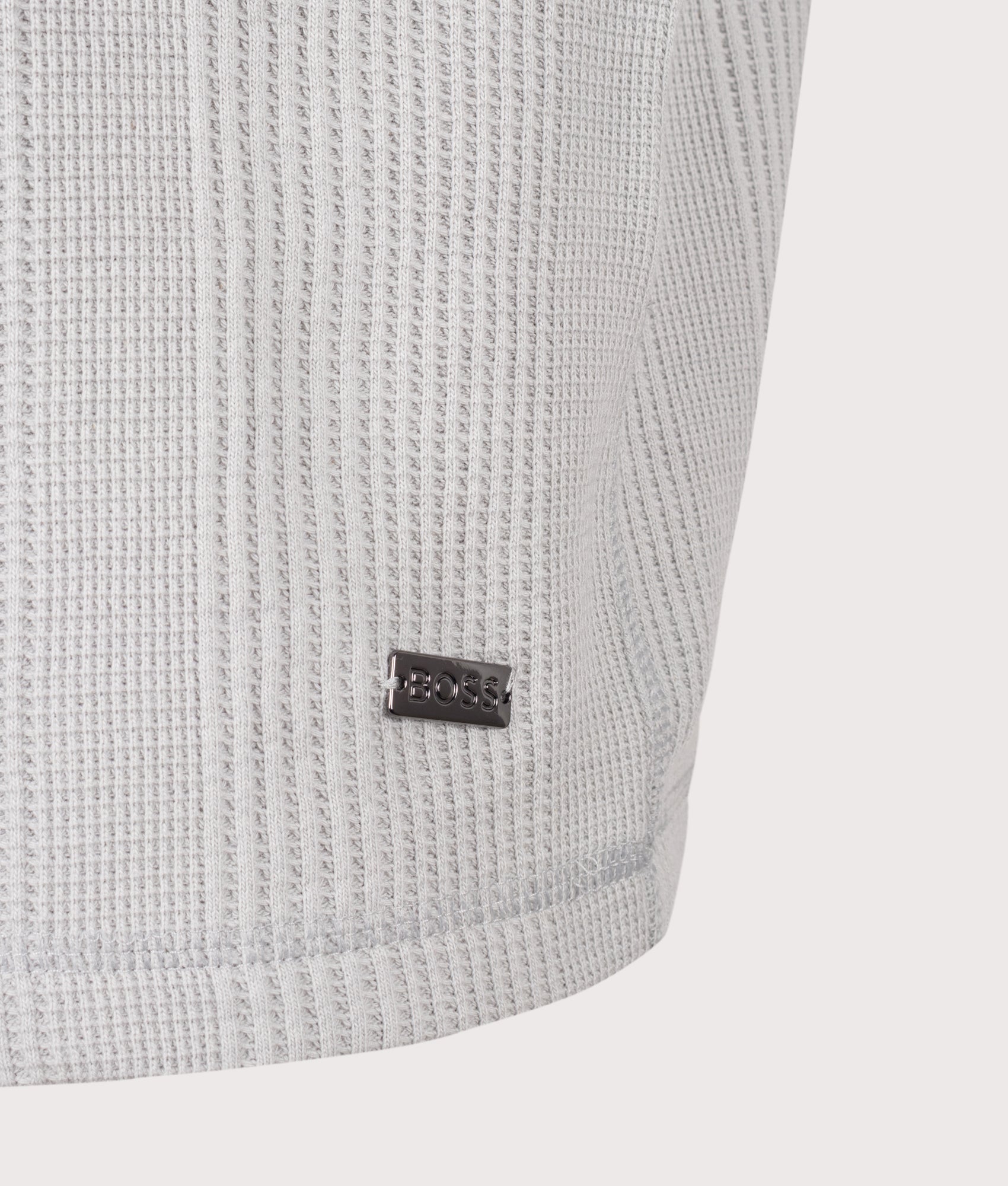 Structure Waffle T-Shirt in Light/Pastel Grey by BOSS. Shot by EQVVS. Detail shot.