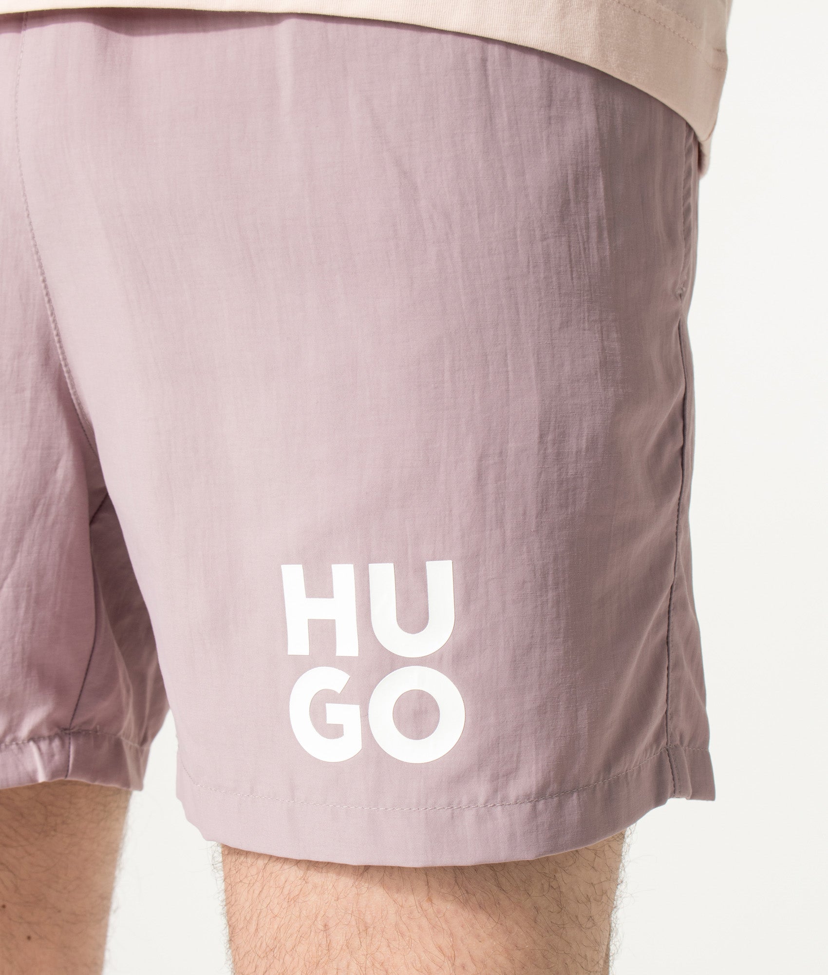 HUGO PAOLO Swim Shorts in Light/Pastel Pink at EQVVS Menswear. Detail shot.