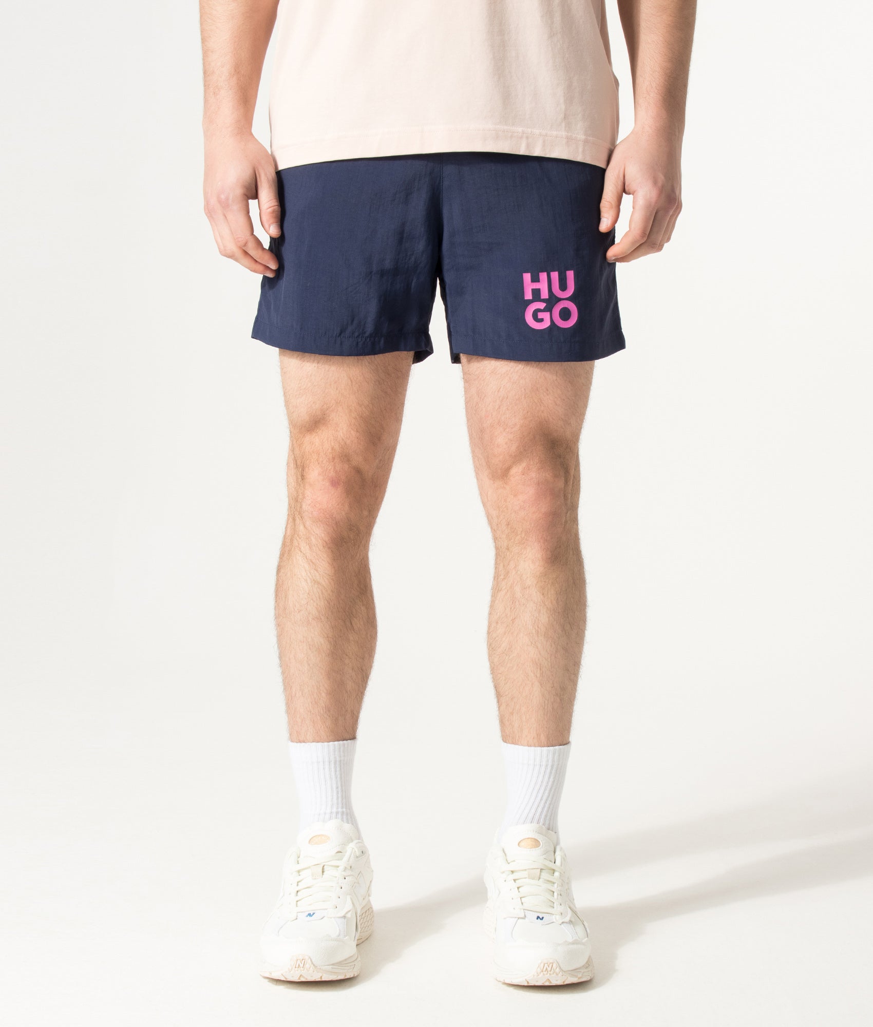 HUGO PAOLO Swim Shorts in Navy at EQVVS Menswear. Model front shot.