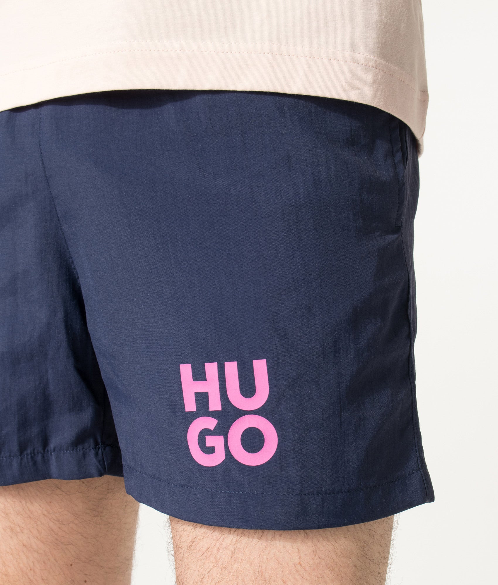 HUGO PAOLO Swim Shorts in Navy at EQVVS Menswear. Detail shot.