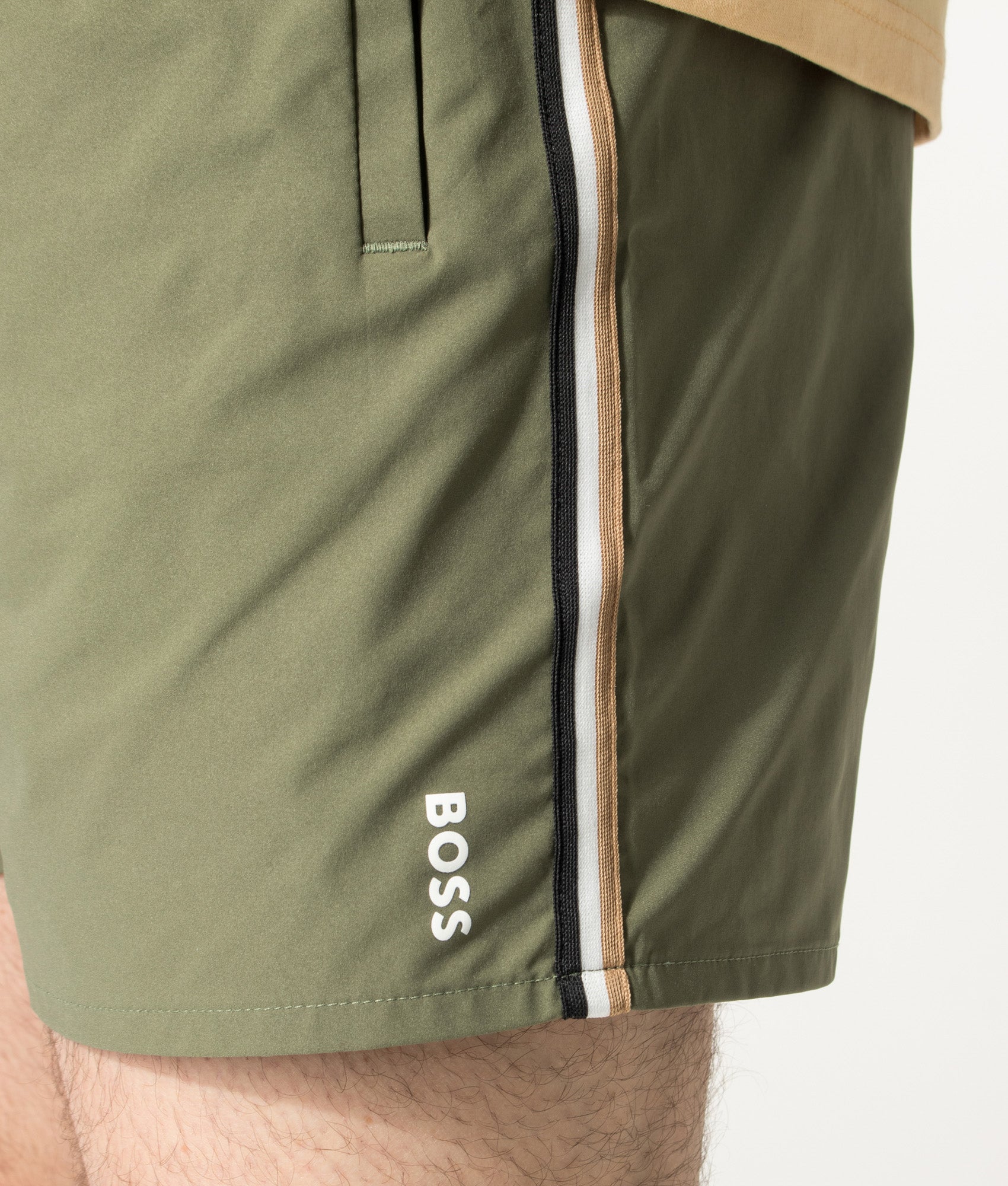 BOSS Iconic Swim Shorts in Open Green at EQVVS Menswear. Detail shot.