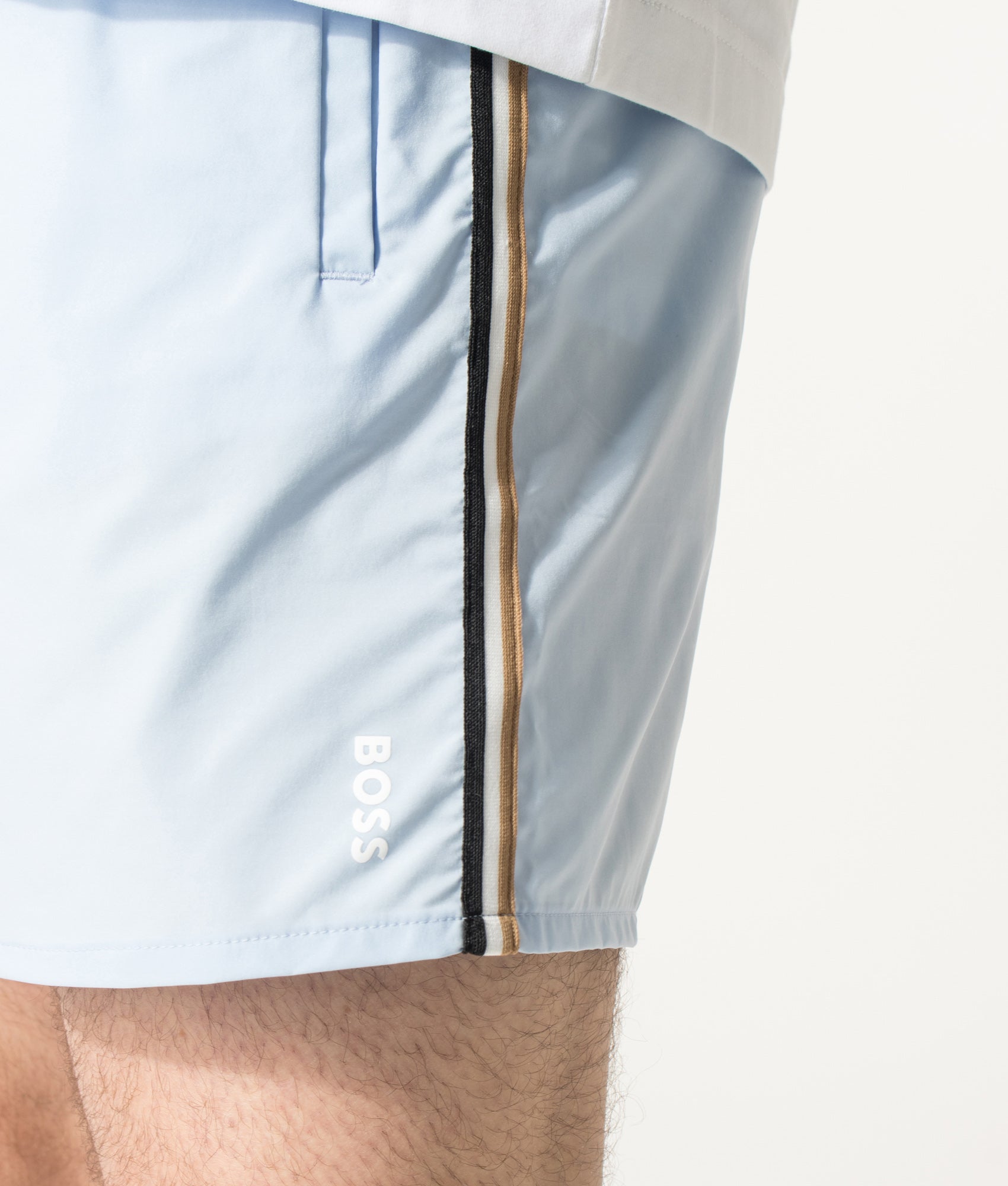 BOSS Iconic Swim Shorts in Light/Pastel Blue at EQVVS Menswear. Detail shot.