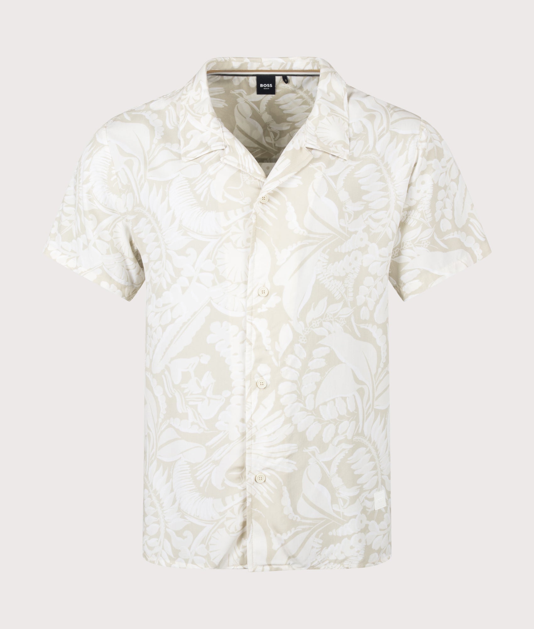 Short Sleeve Beach Shirt in Light Beige by BOSS. Shot by EQVVS. Front shot.