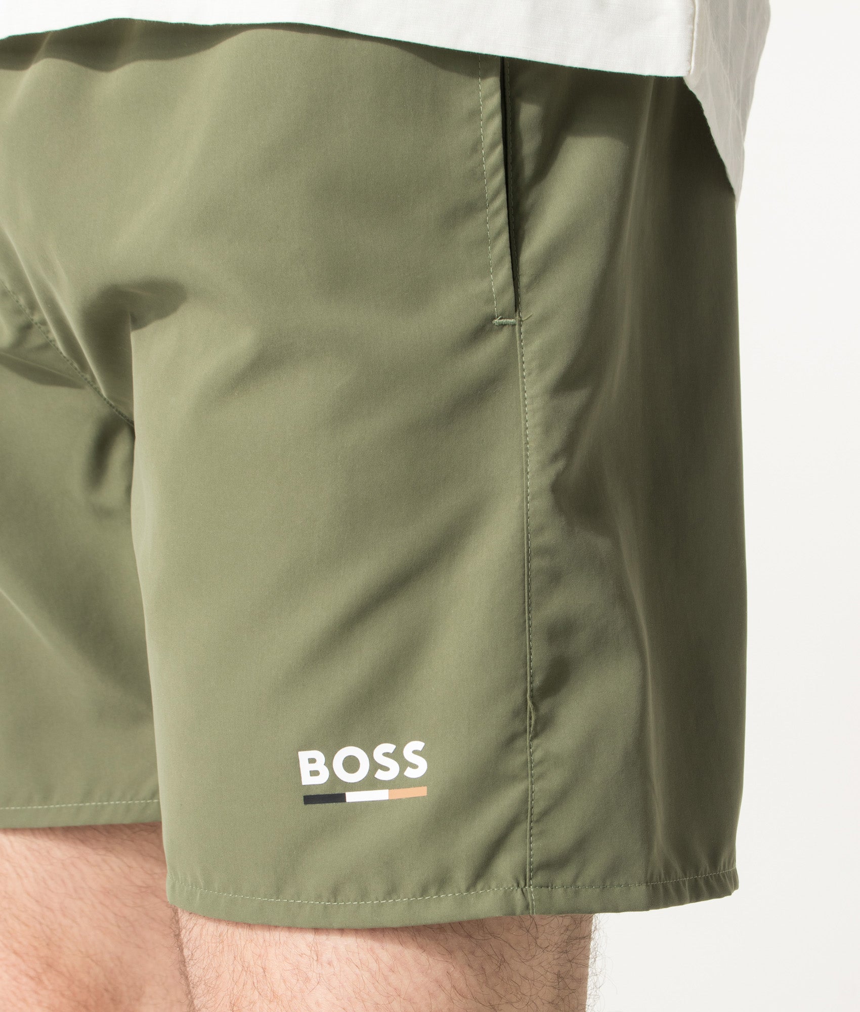 BOSS Swordfish Swim Shorts in Open Green at EQVVS Menswear. Detail shot.