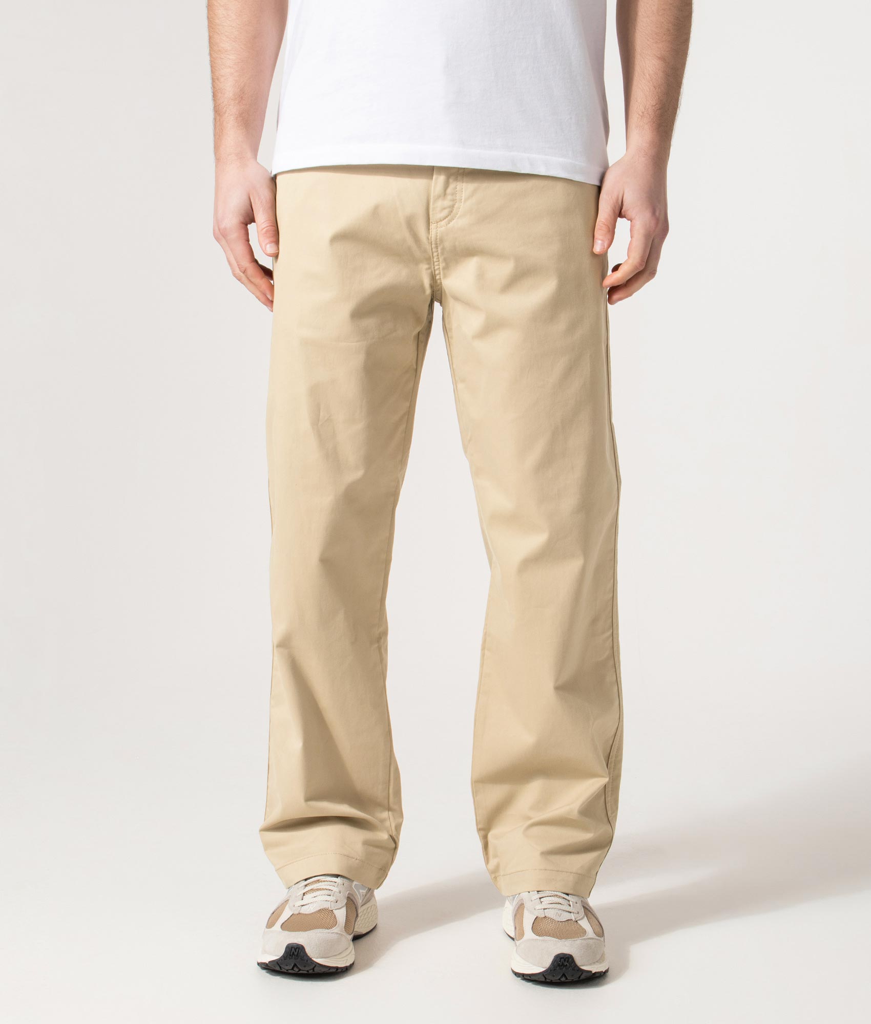 HUGO Regular Fit Straight Leg Cino261 Trousers in Medium Beige at EQVVS Menswear. Front shot.