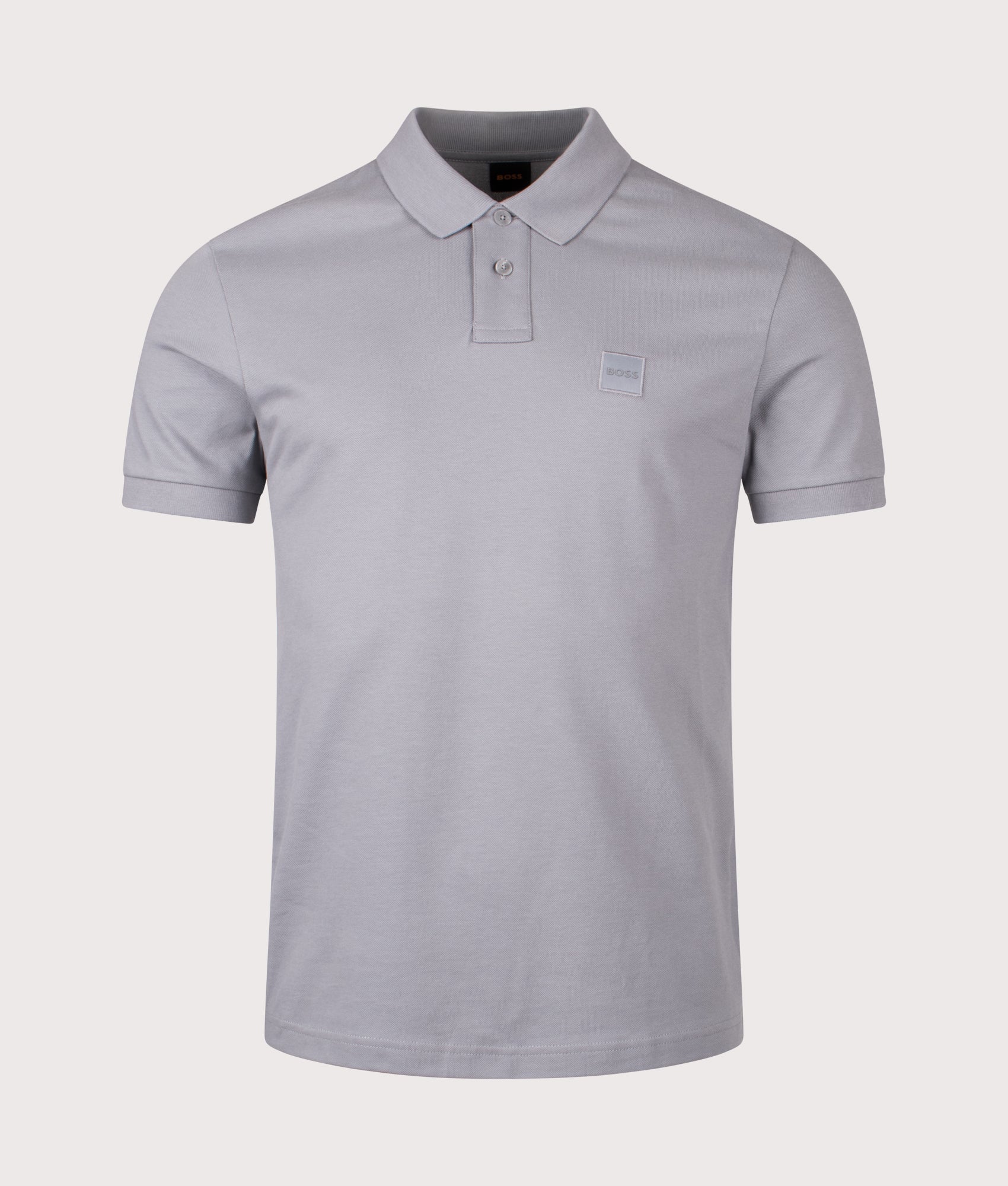 BOSS Slim Fit Passenger Polo Shirt in Silver at EQVVS Menswear. Front shot.