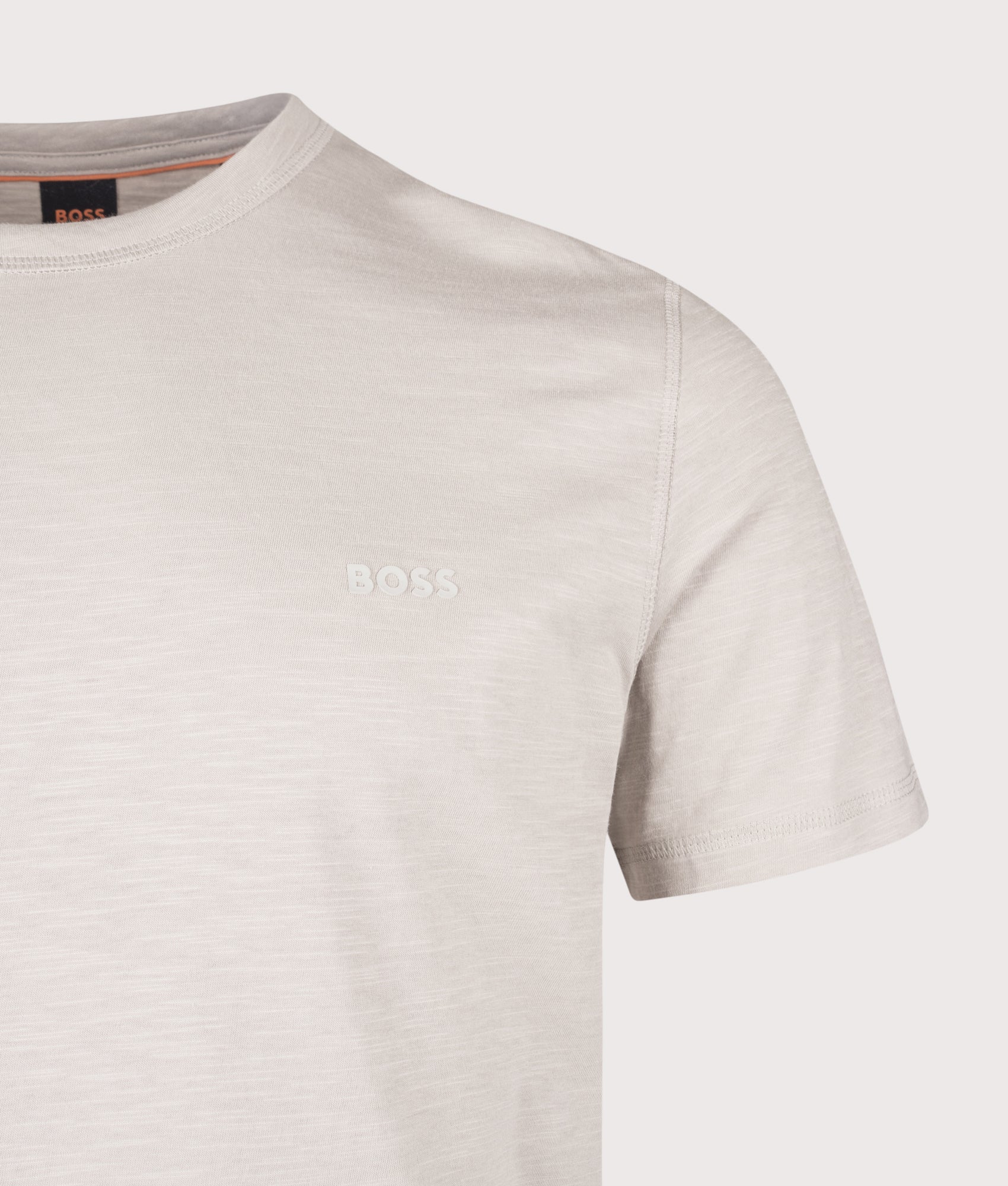 BOSS Tegood T-Shirt in Light/Pastel Open Grey at EQVVS Menswear. Detail shot.