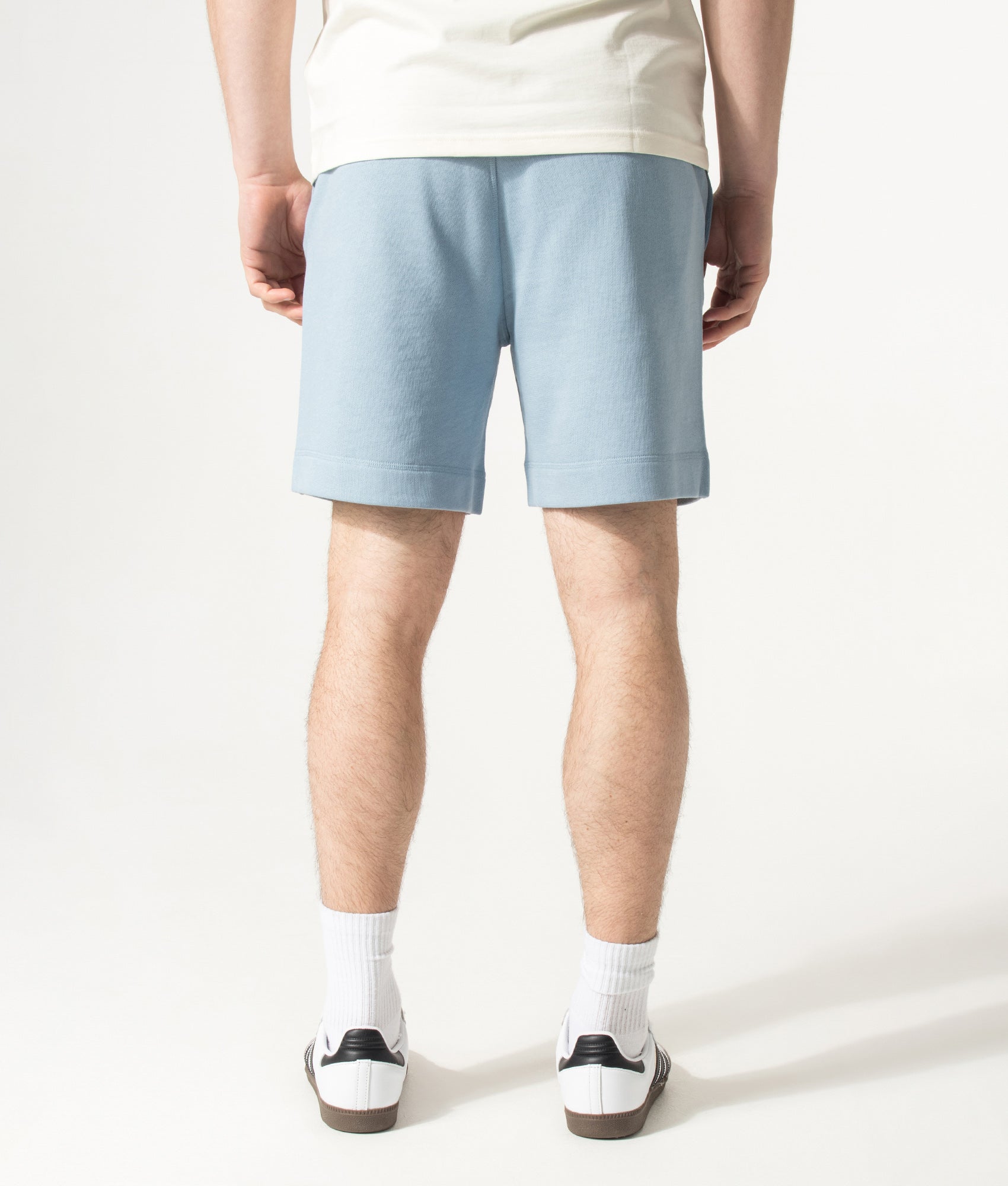 BOSS Sewalk Sweat Shorts in Light/Pastel Blue at EQVVS Menswear. Model back shot.