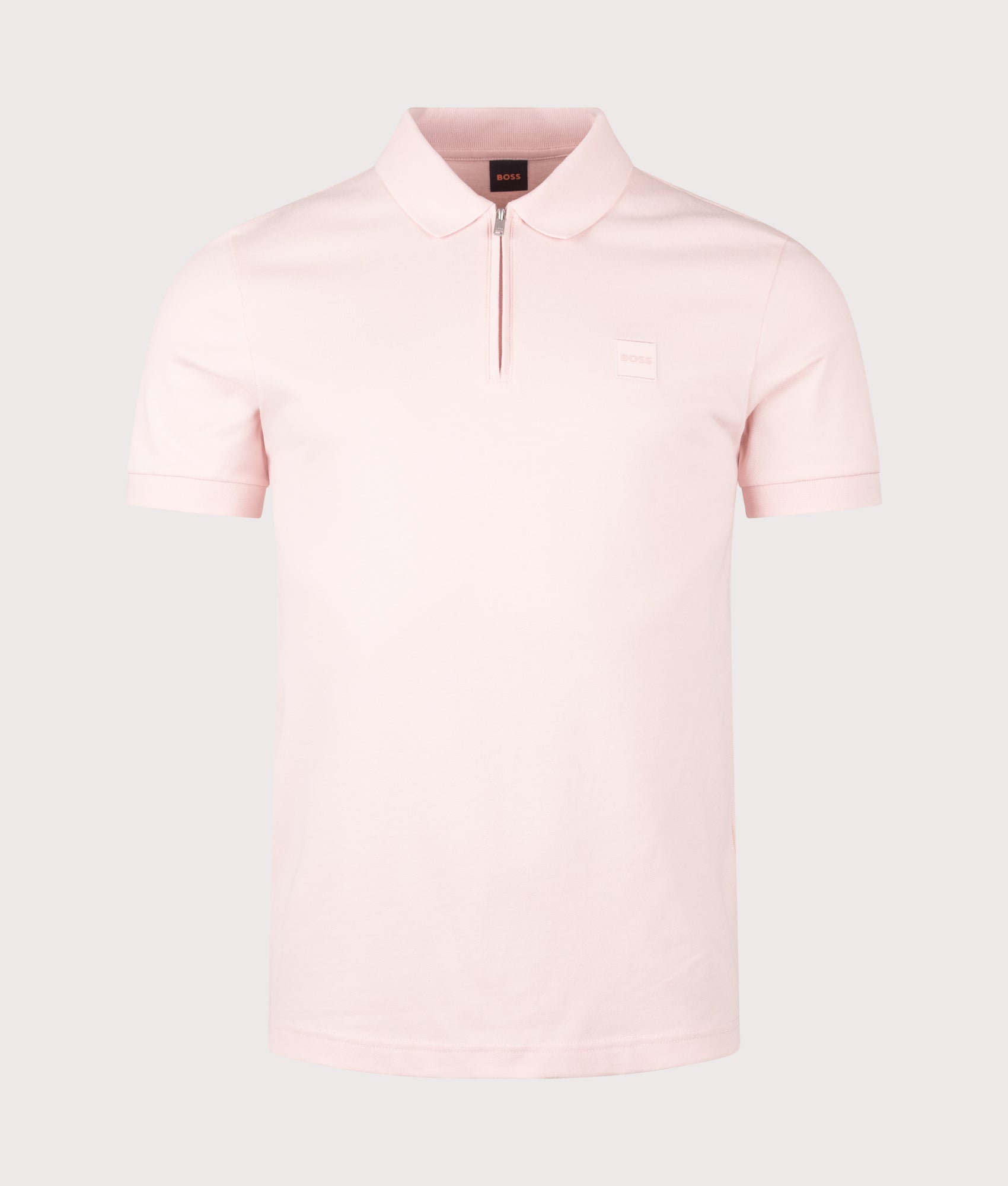 Slim Fit Passerzip Polo Shirt in Open Pink by BOSS. Shot by EQVVS. Front Shot.