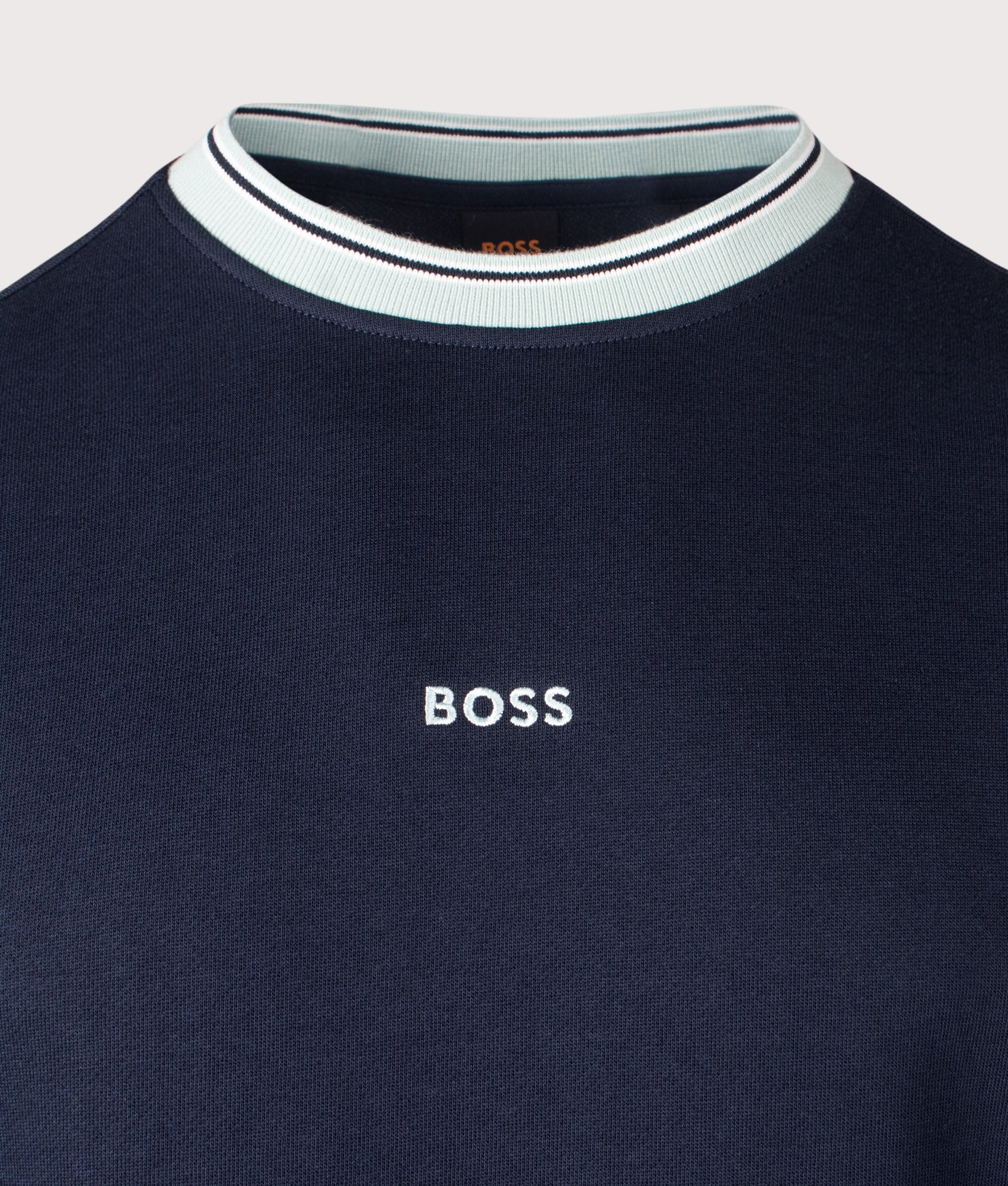 We Blocks Sweatshirt in Dark Blue by BOSS. Shot by EQVVS. Detail shot.