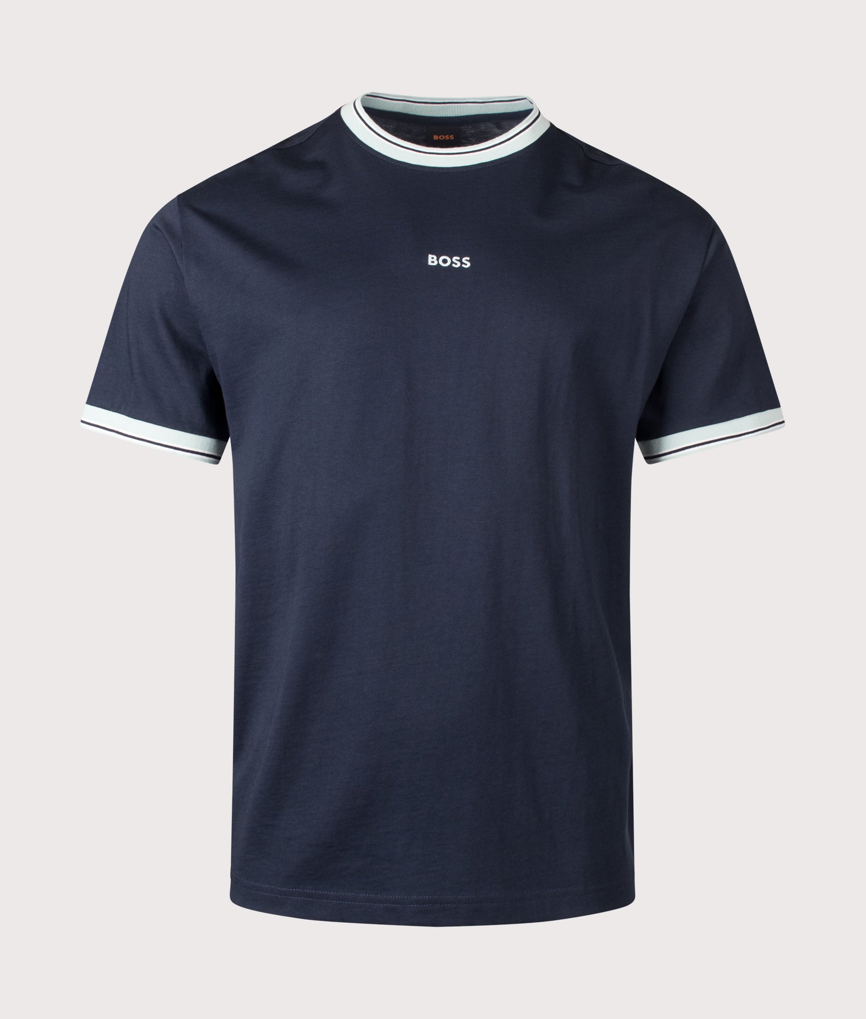 Blocks T-Shirt in Dark Blue by BOSS> Shot by EQVVS. Front shot.