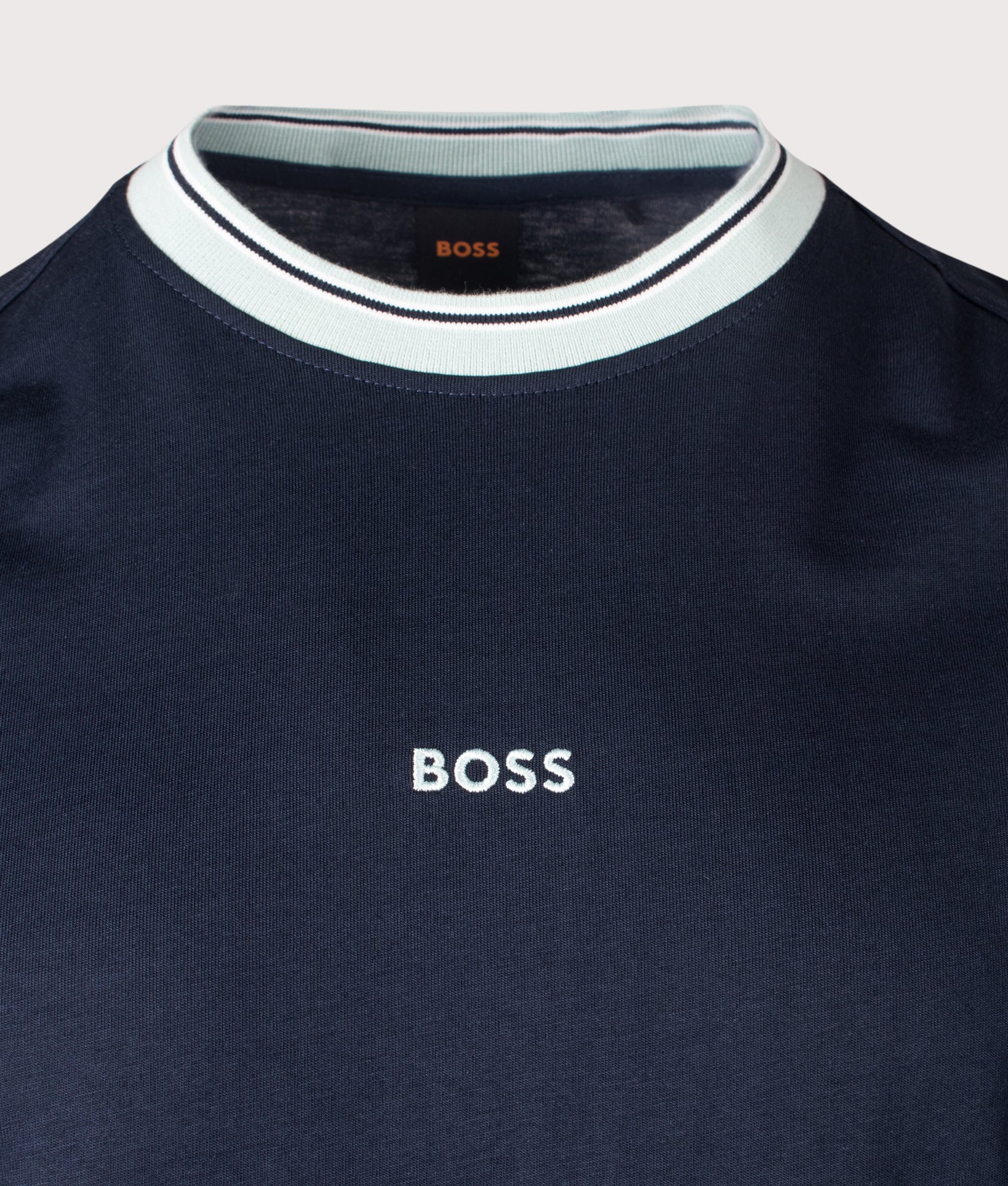 Blocks T-Shirt in Dark Blue by BOSS> Shot by EQVVS. Detail shot.