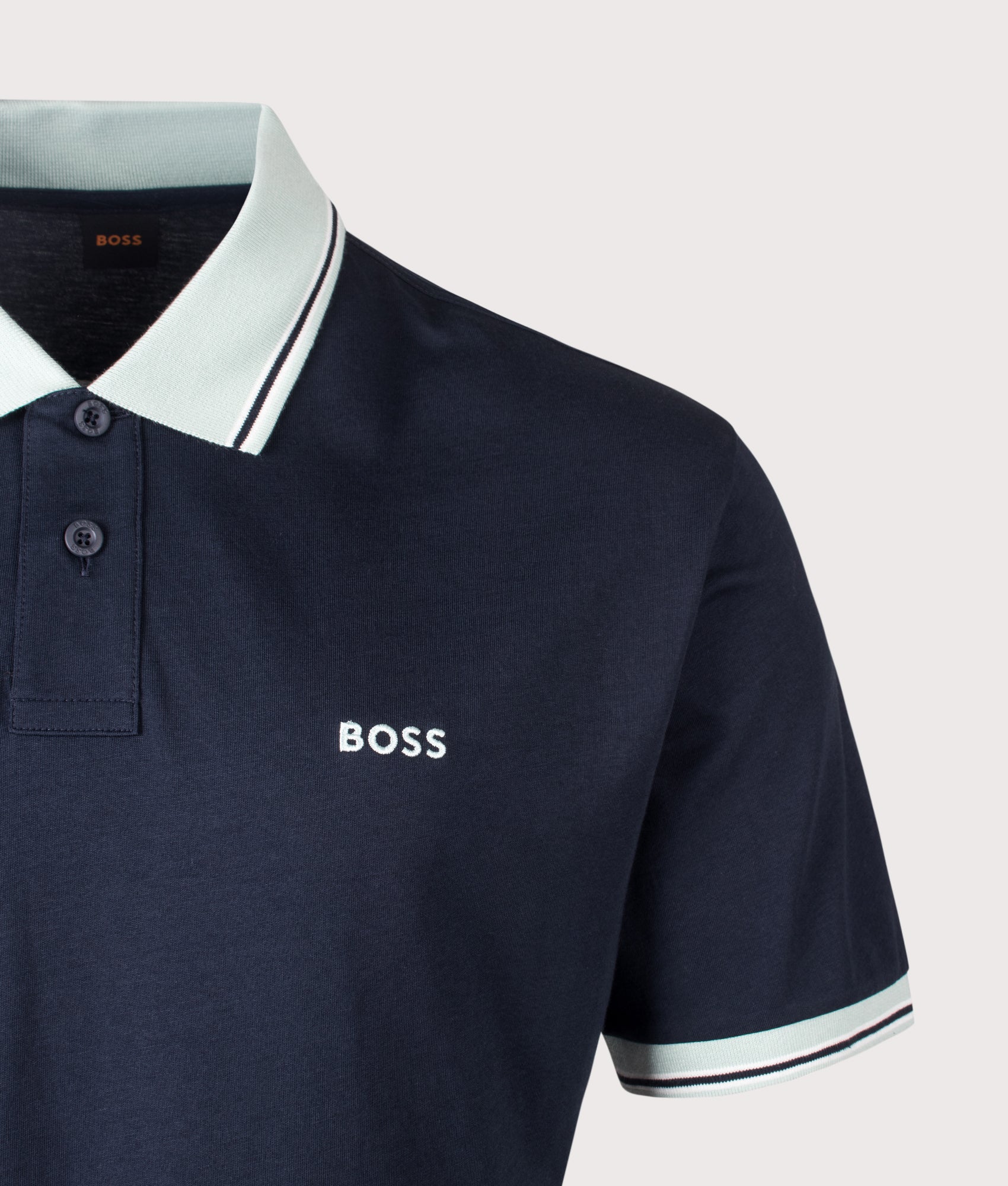 Blocks Polo Shirt in Dark Blue by BOSS. Shot by EQVVS. Detail shot.