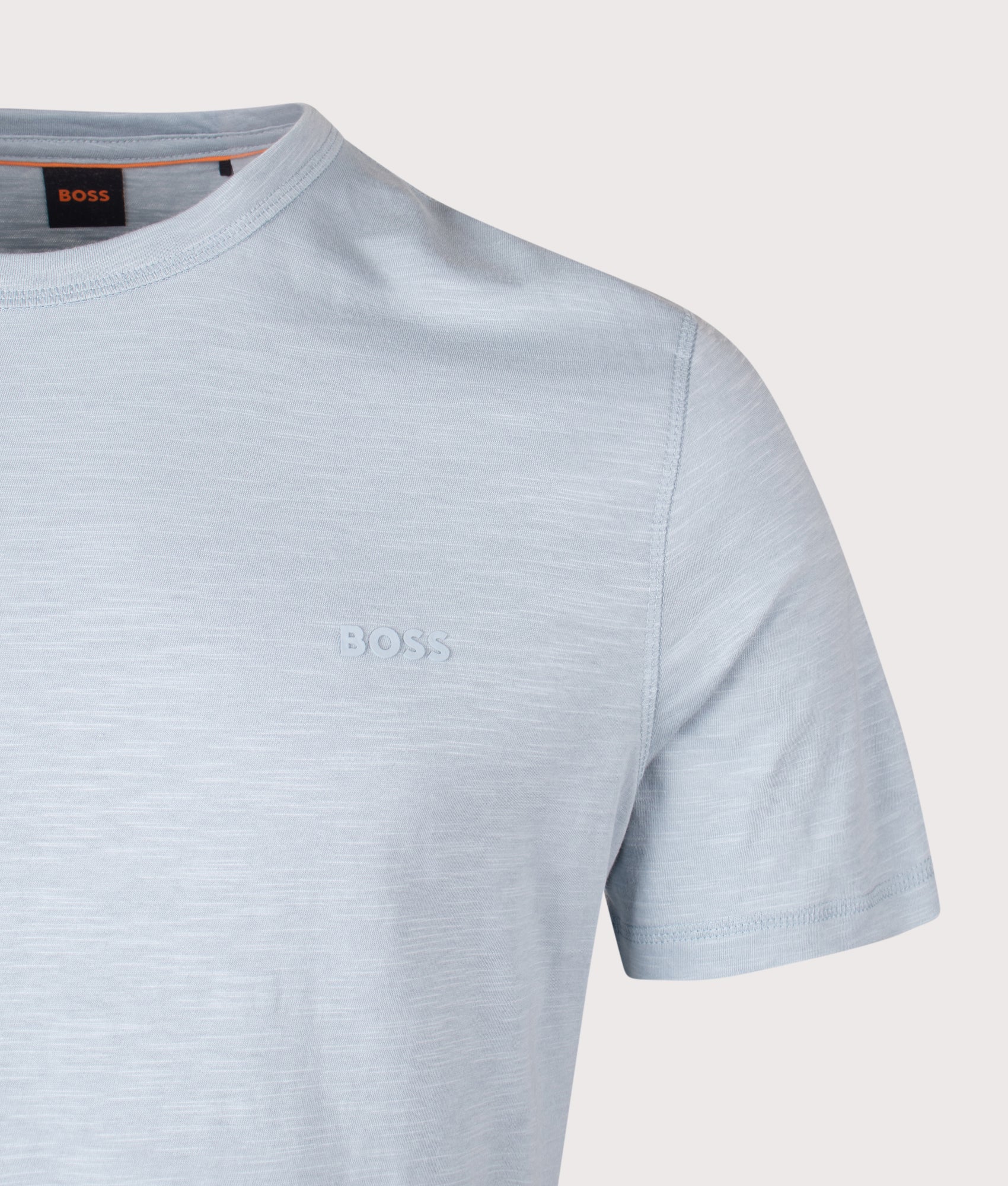 BOSS Tegood T-Shirt in Light/Pastel Blue at EQVVS Menswear. Detail shot.
