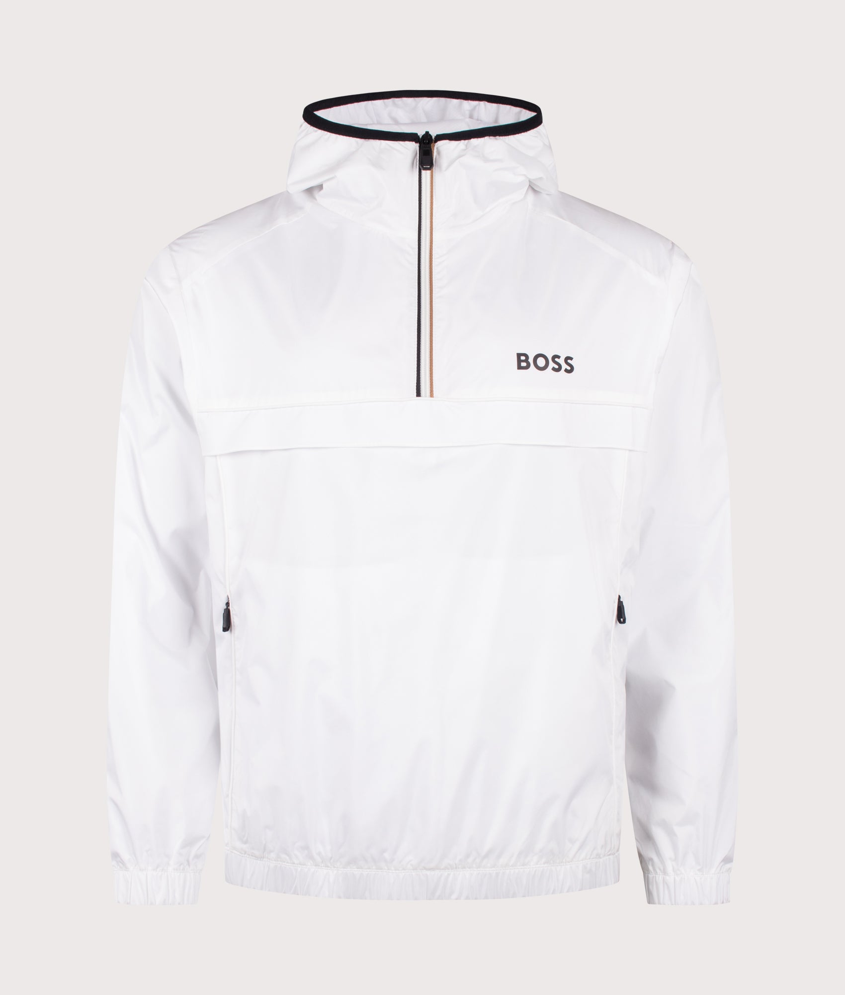 Quarter Zip Serve Windcheater in White by BOSS. Shot by EQVVS. Front shot.