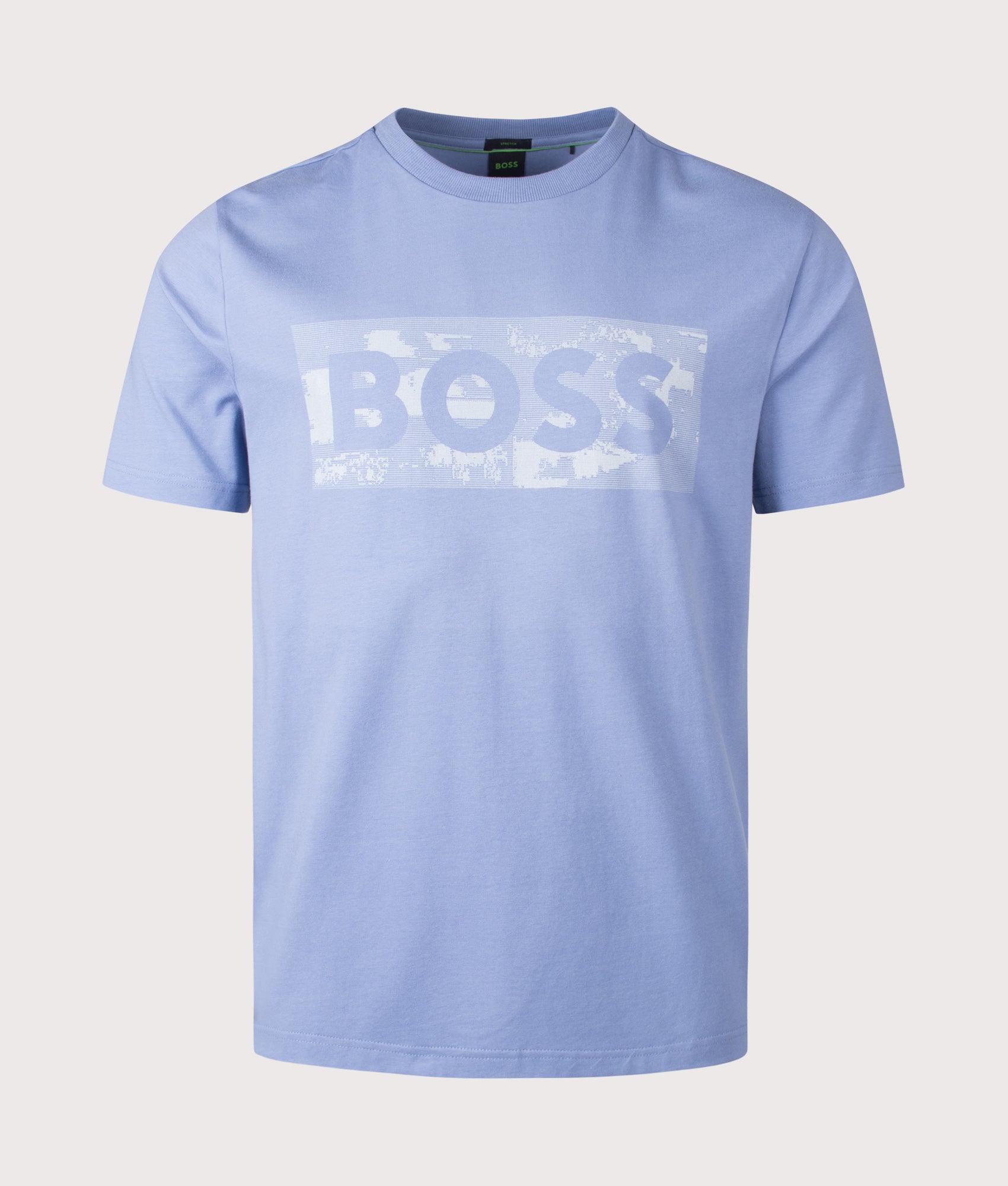 Globe Logo Pattern T-Shirt in Light/Pastel Blue by BOSS. Shot by EQVVS. Front shot.