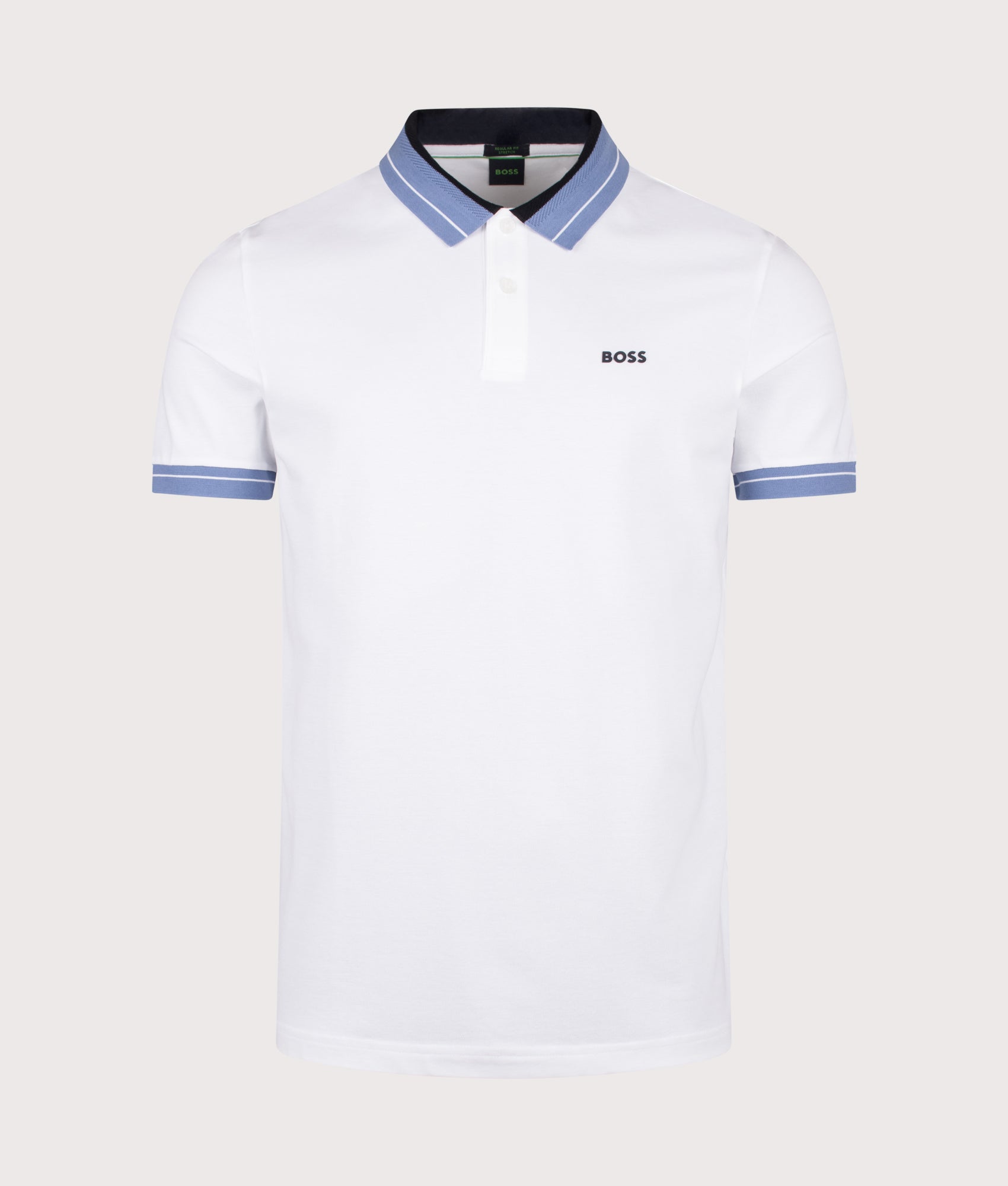 Member Polo Shirt in White by BOSS. Shot by EQVVS. Front shot.