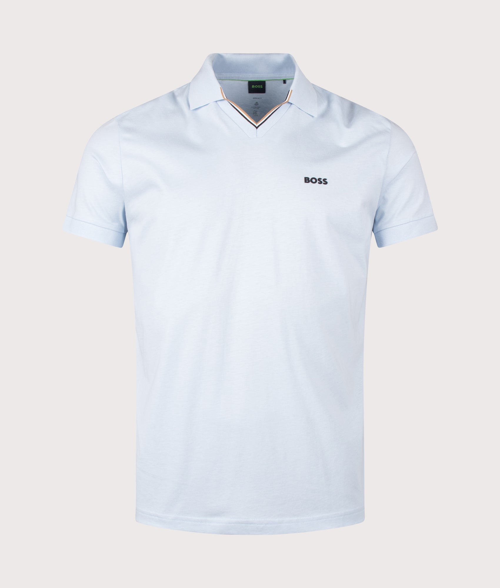 Birdie 1 Polo Shirt in Open Blue by BOSS. Shot by EQVVS. Front shot.