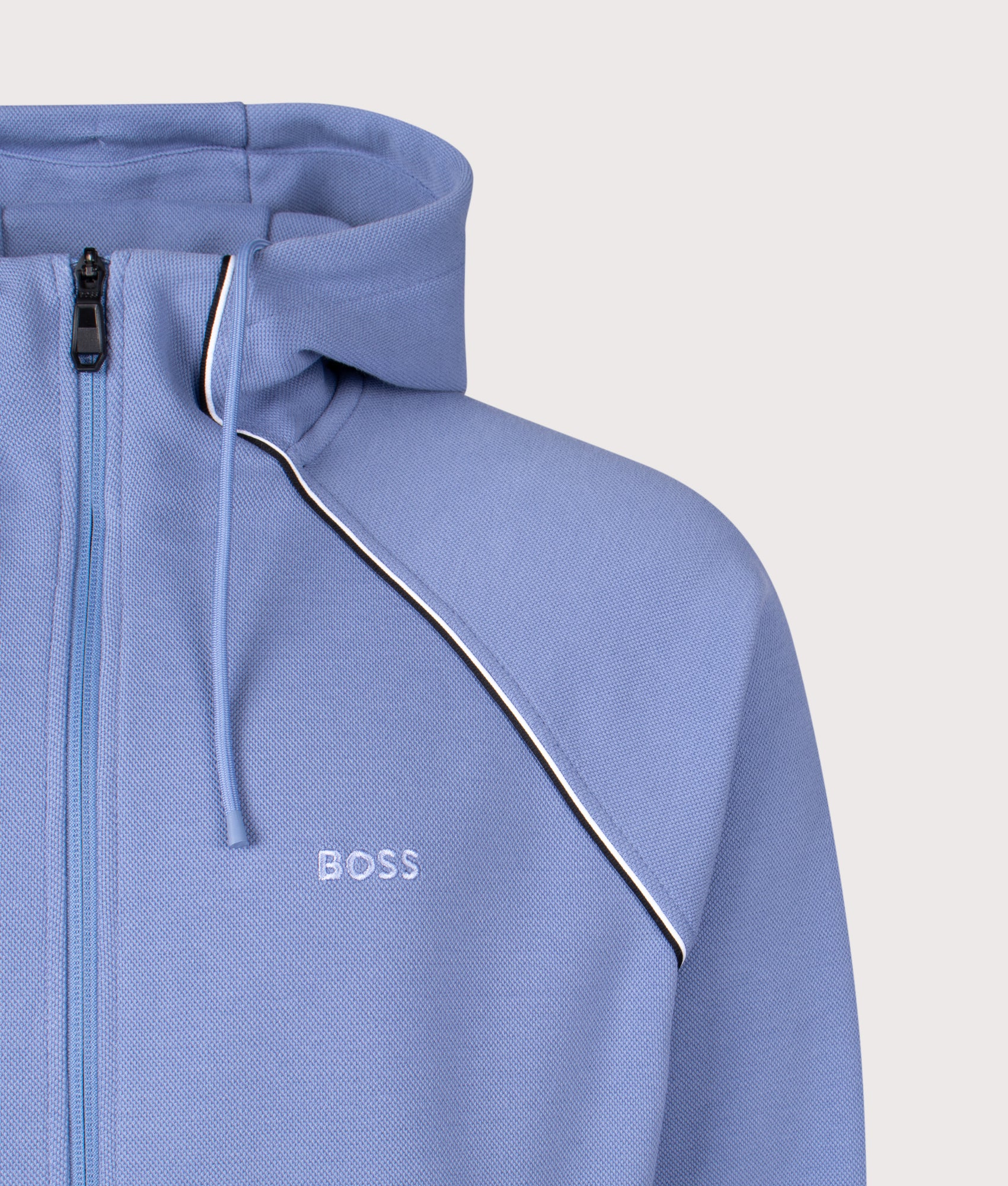 BOSS Join Saggy Zip Through Hoodie  in Light and Pastel Blue at EQVVS Menswear. Detail shot.