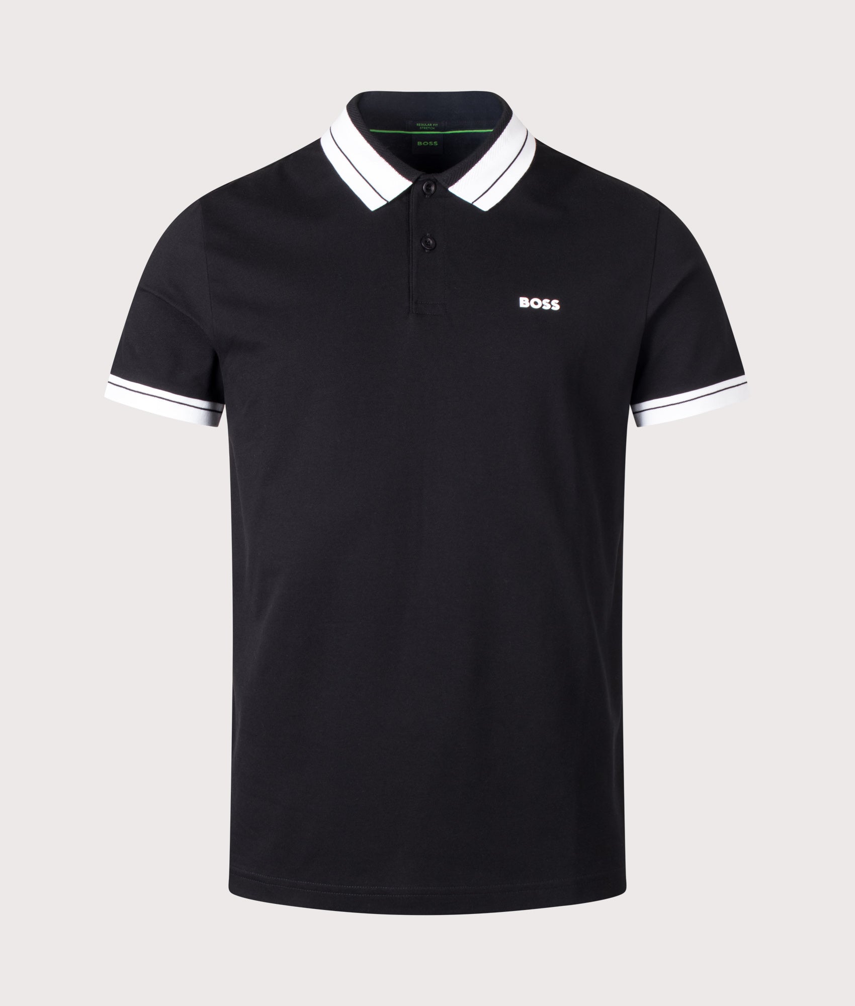 BOSS Regular Fit Member Polo Shirt in Black at EQVVS Menswear. Front shot.