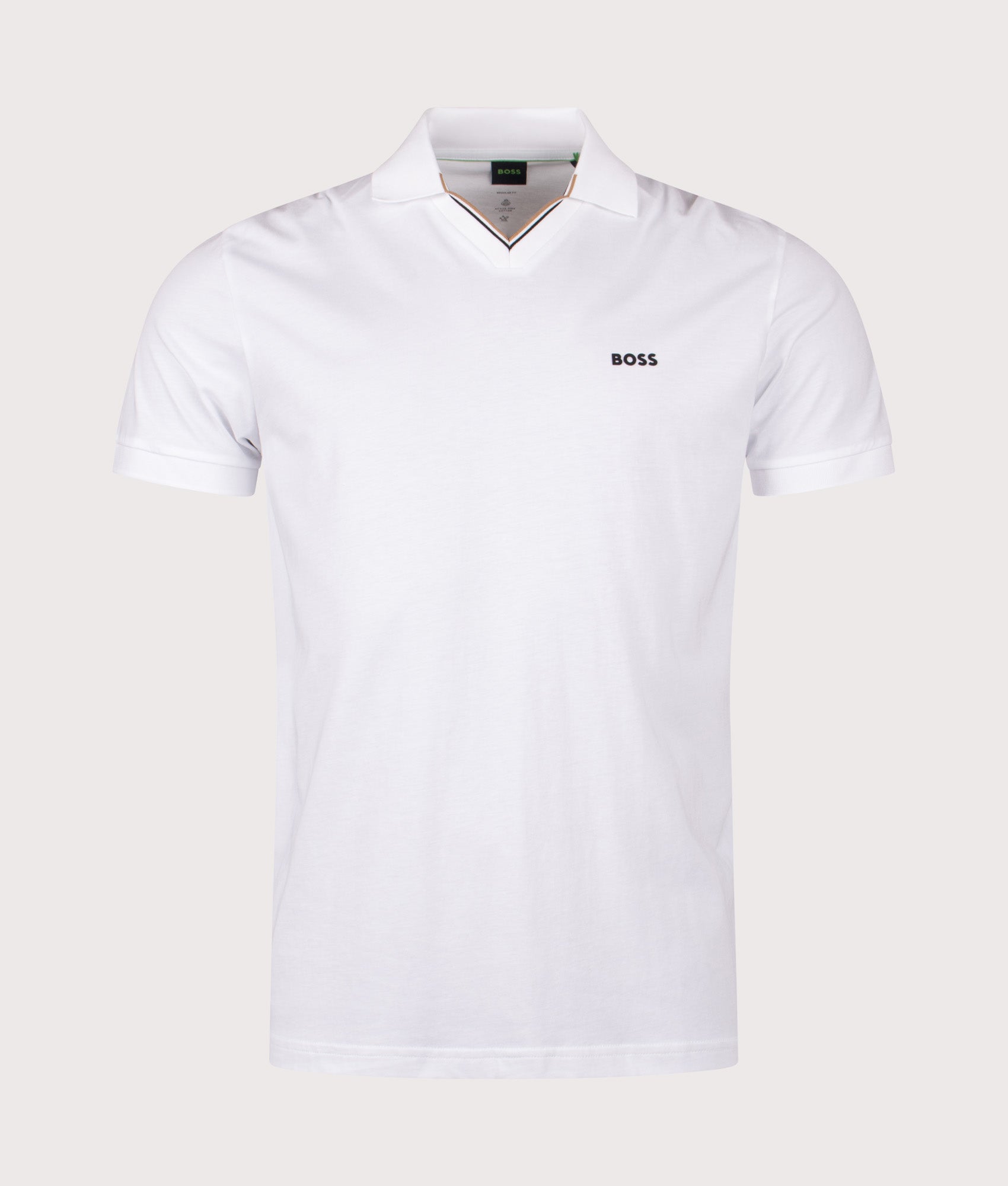 BOSS Birdie Polo Shirt in White at EQVVS Menswear. Front shot.