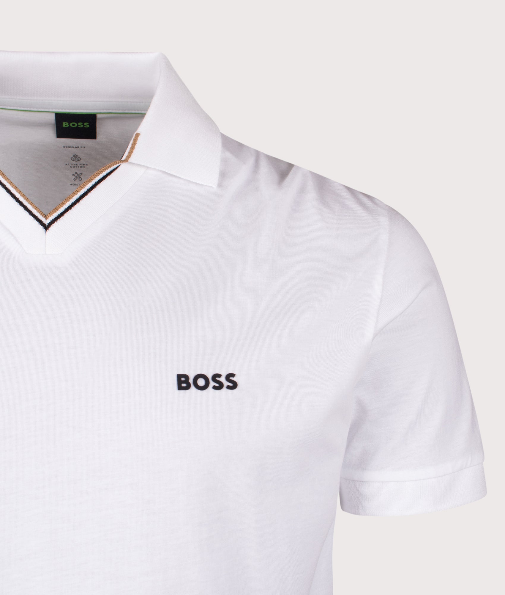 BOSS Birdie Polo Shirt in White at EQVVS Menswear. Detail shot.
