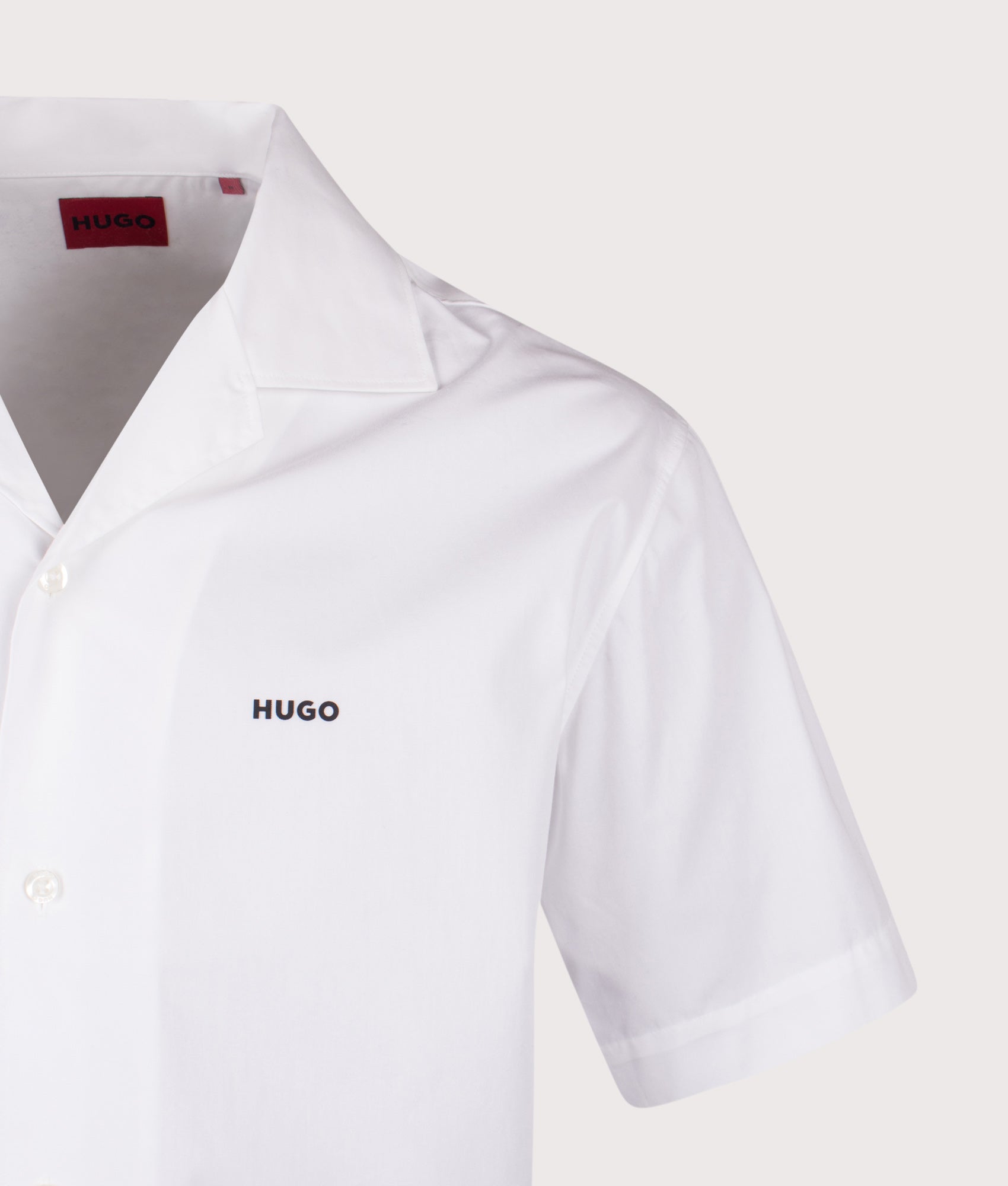HUGO Oversized Espino Short Sleeve Shirt in Open White at EQVVS Menswear. Detail shot.