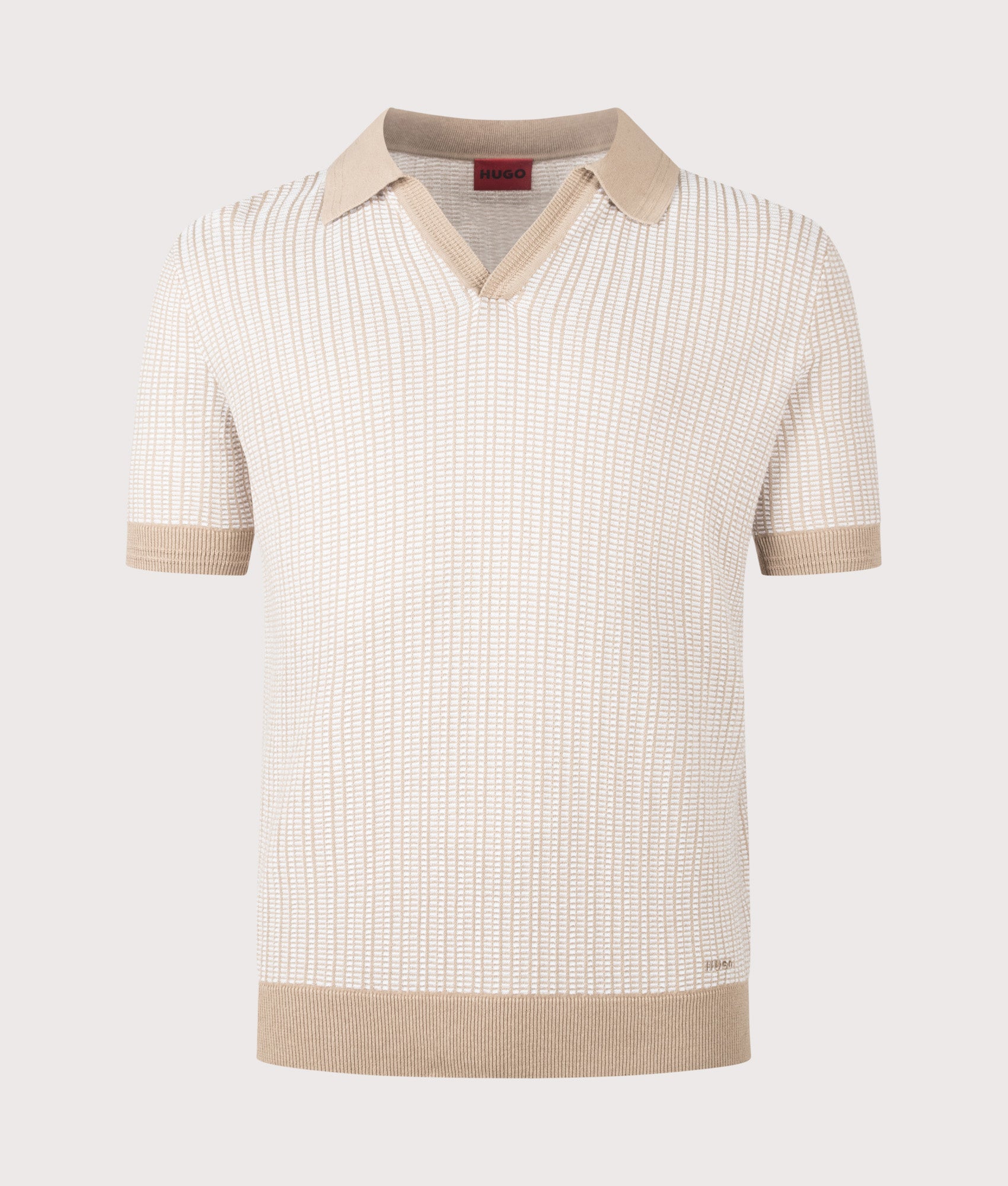 HUGO Johnny Collar Knitted Polo Shirt in Medium Beige at EQVVS Menswear. Front shot.