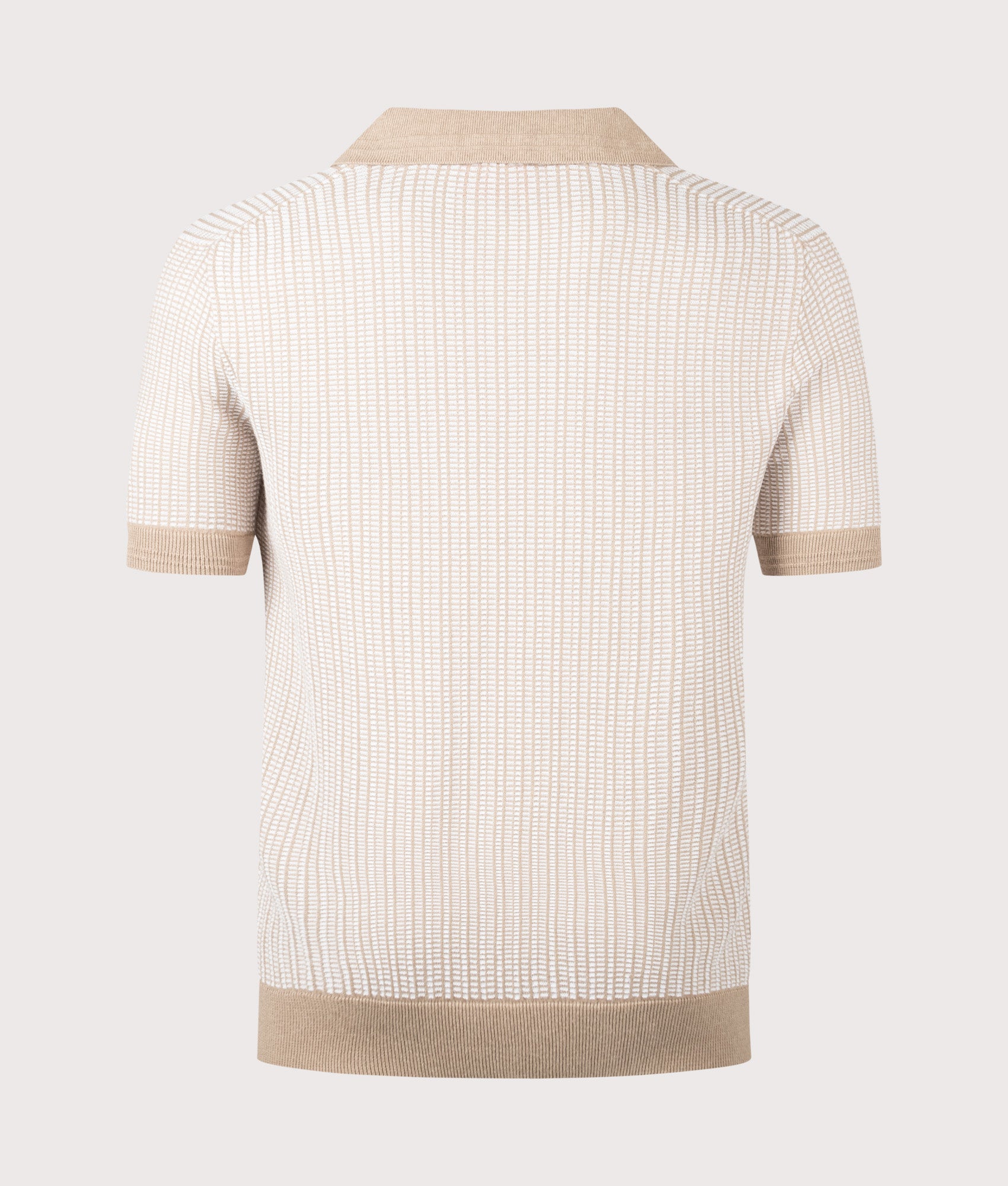 HUGO Johnny Collar Knitted Polo Shirt in Medium Beige at EQVVS Menswear. Back shot.