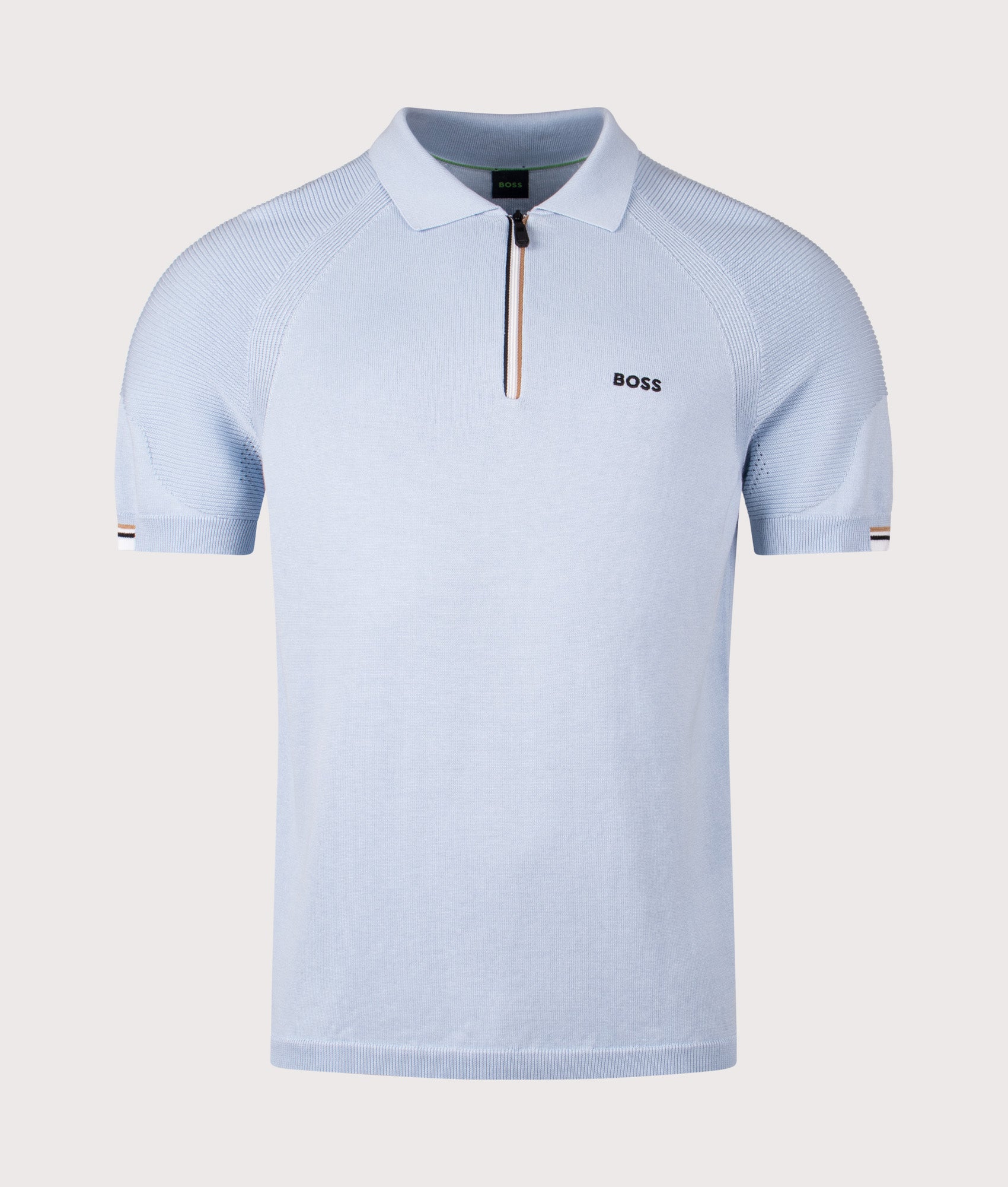 BOSS Perform Polo Shirt in Open blue at EQVVS Menswear. Front shot.
