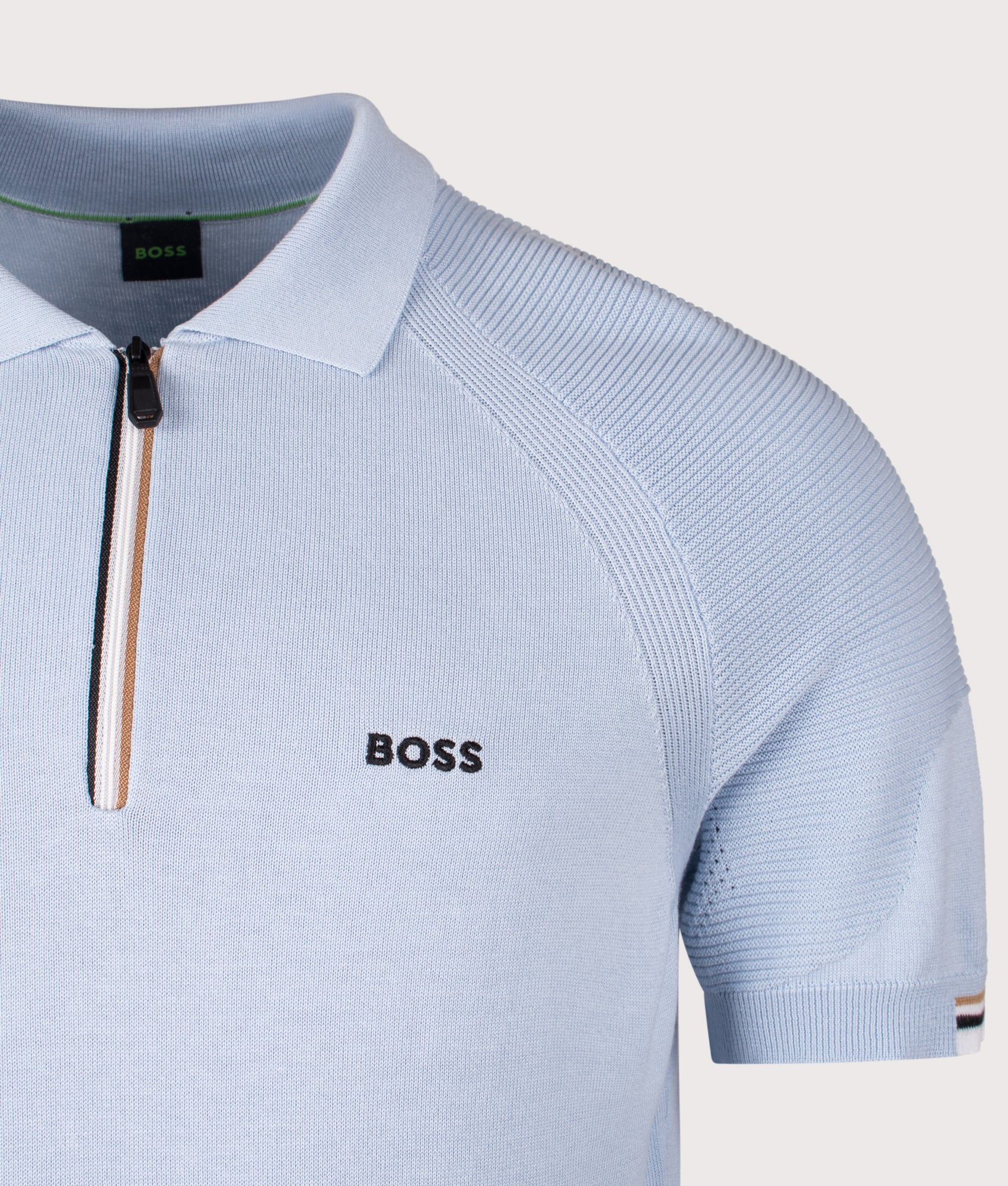 BOSS Perform Polo Shirt in Open blue at EQVVS Menswear. Detail shot.