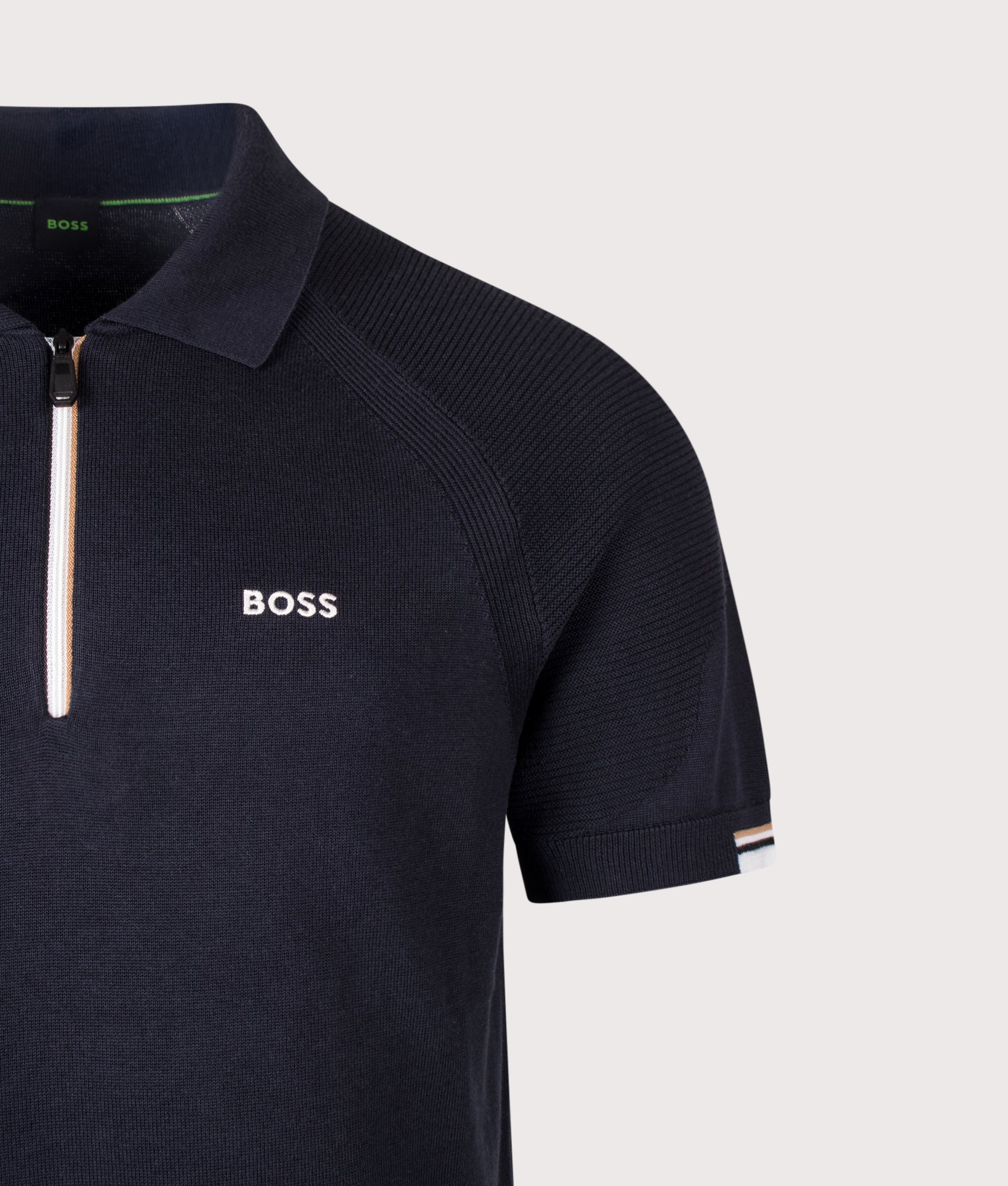 BOSS Perform Polo Shirt in Dark Blue at EQVVS Menswear. Detail shot.