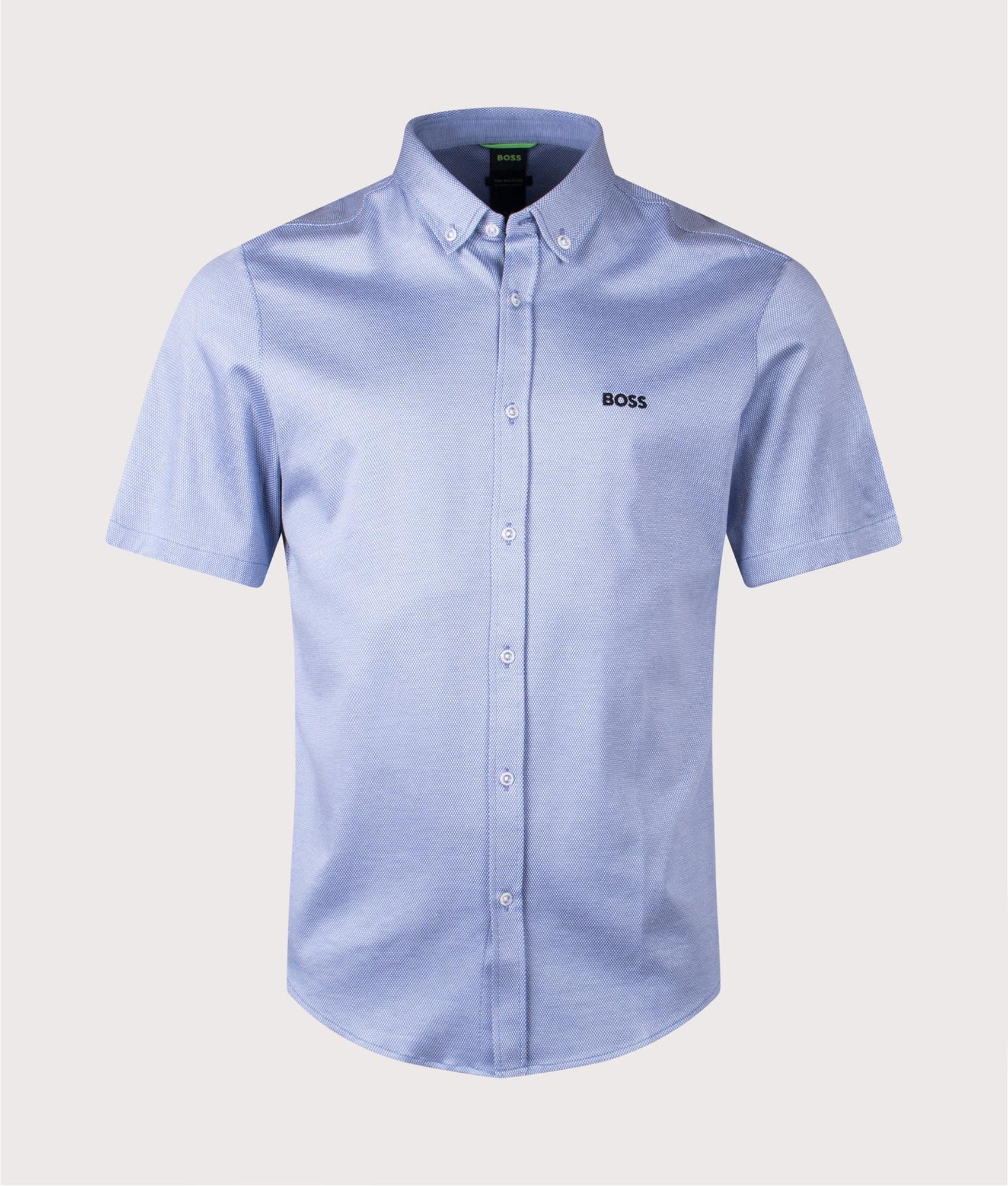 BOSS Short Sleeve Motion Shirt in Light and Pastel Blue at EQVVS Menswear. Front shot.