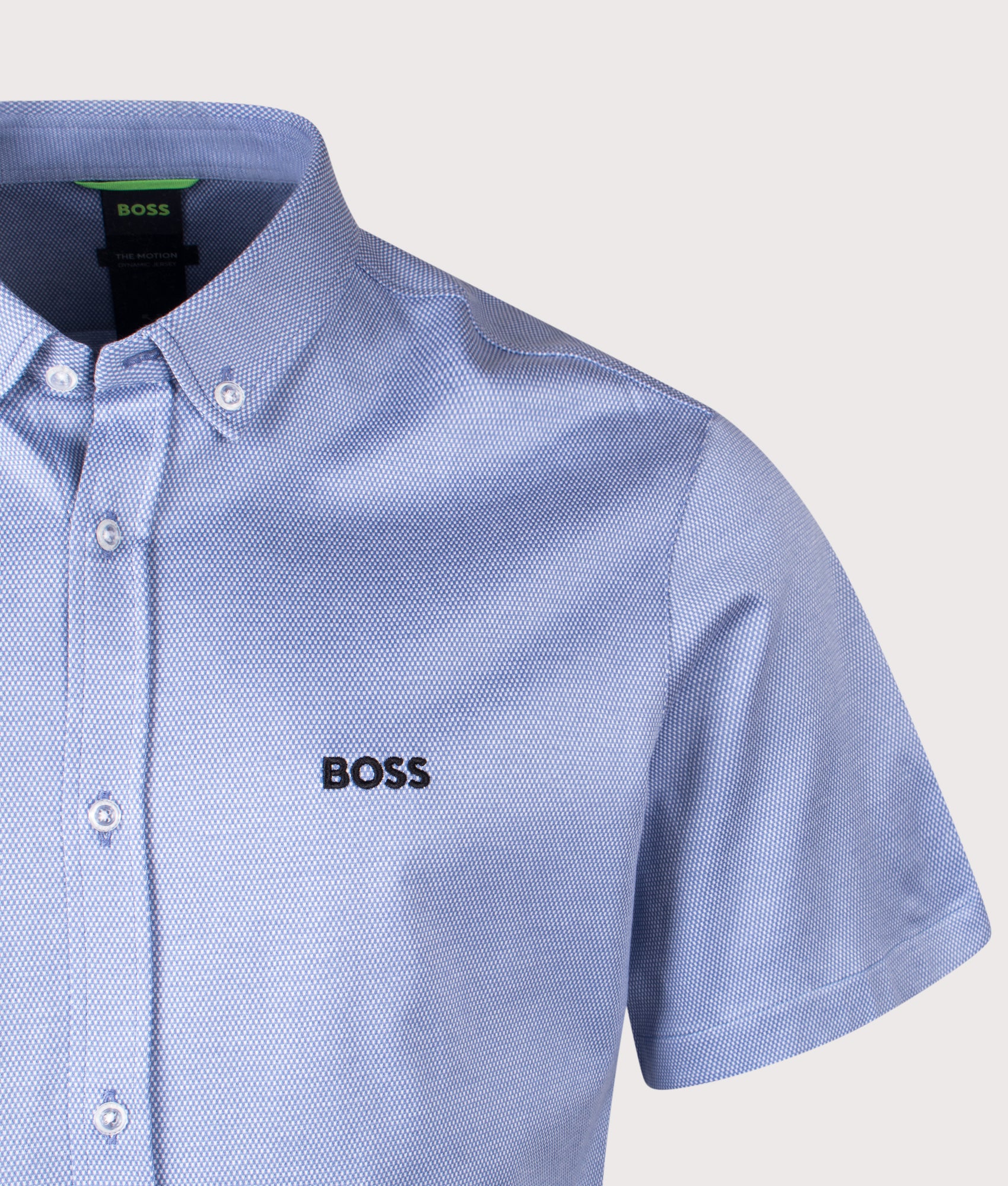 BOSS Short Sleeve Motion Shirt in Light and Pastel Blue at EQVVS Menswear. Detail shot.