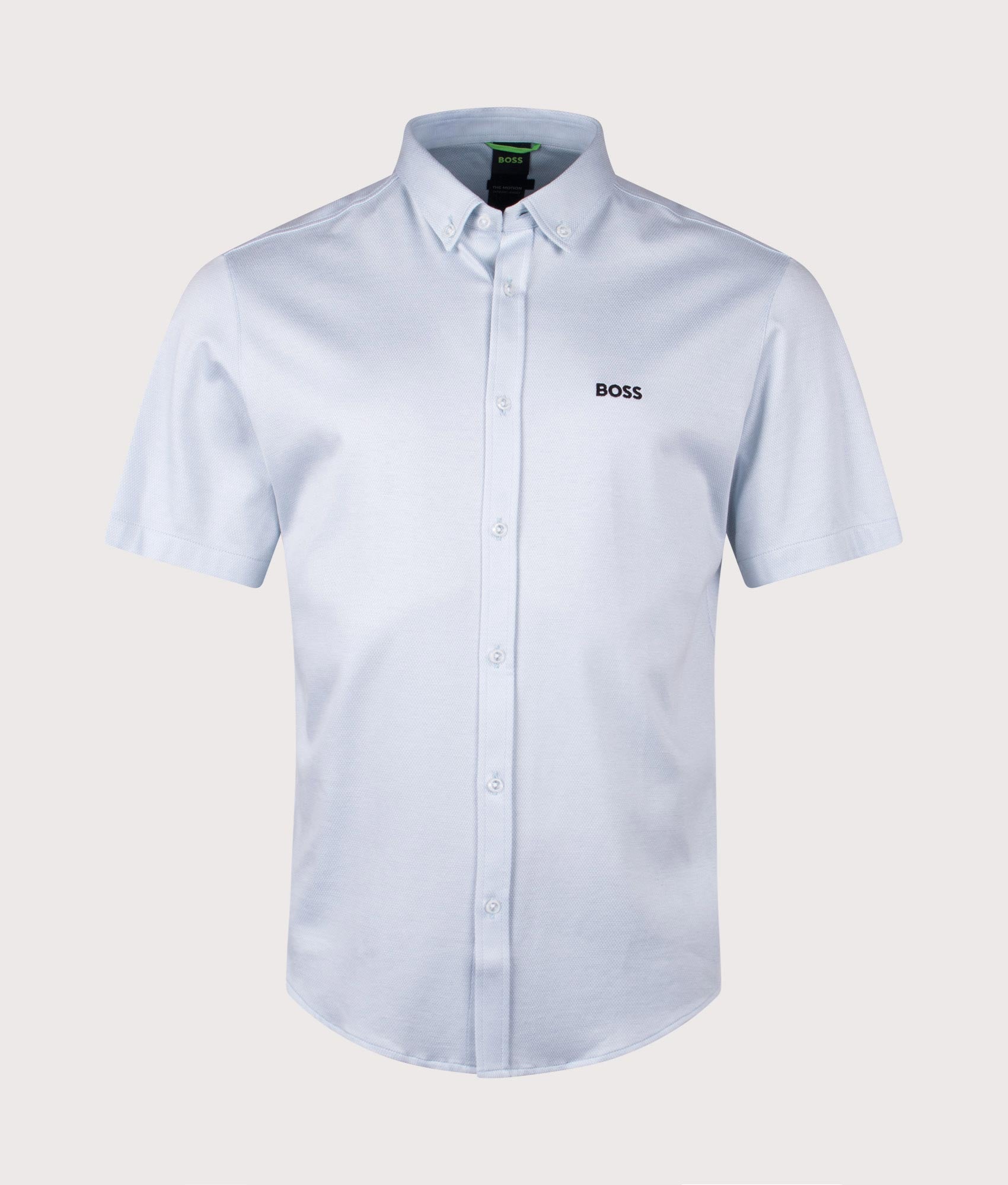BOSS Short Sleeve Motion Shirt in Open Blue at EQVVS Menswear. Front shot.