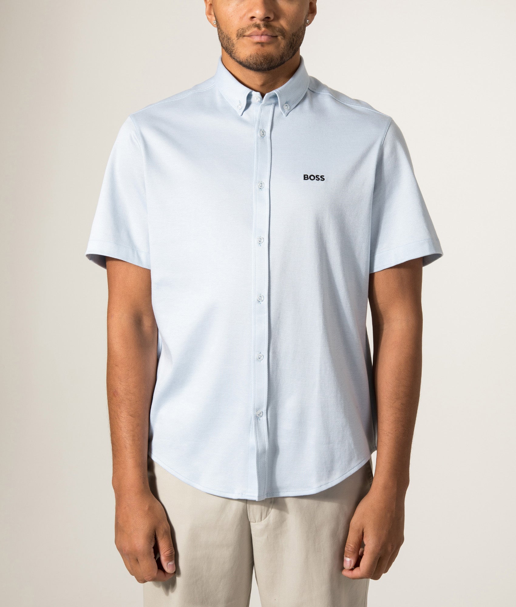 BOSS Short Sleeve Motion Shirt in Open Blue at EQVVS Menswear. Model front shot.