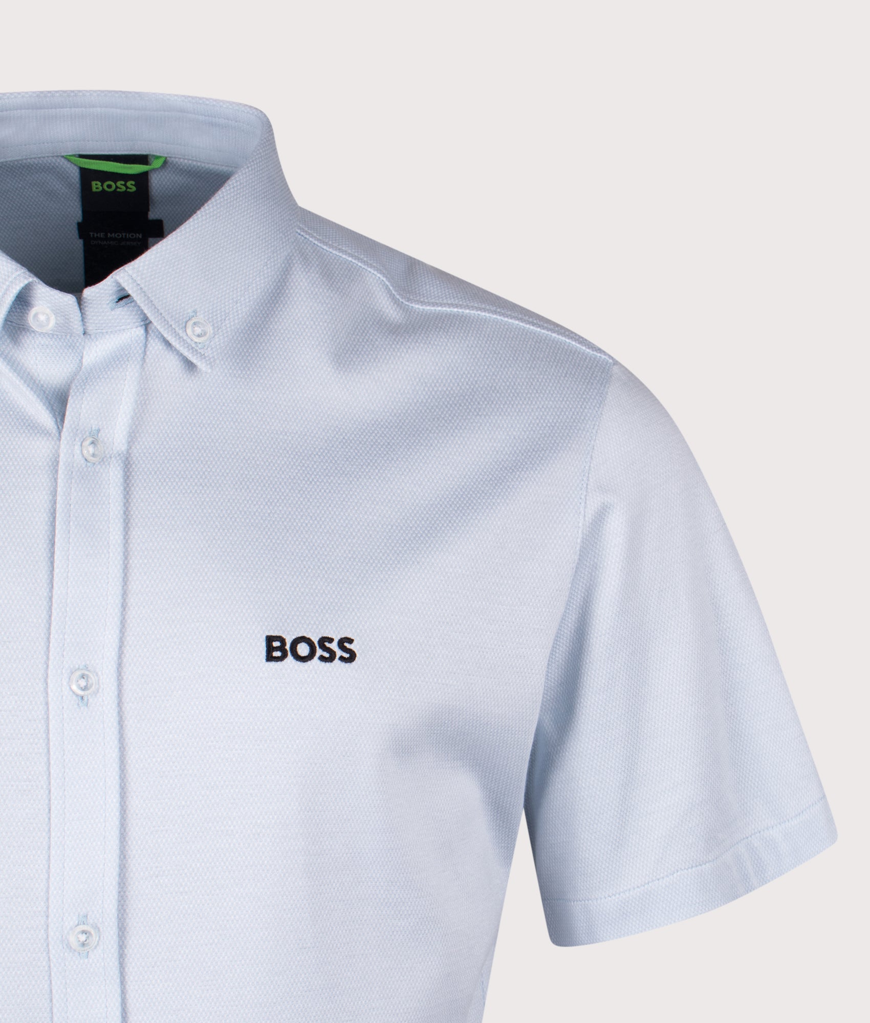 BOSS Short Sleeve Motion Shirt in Open Blue at EQVVS Menswear. Detail shot.