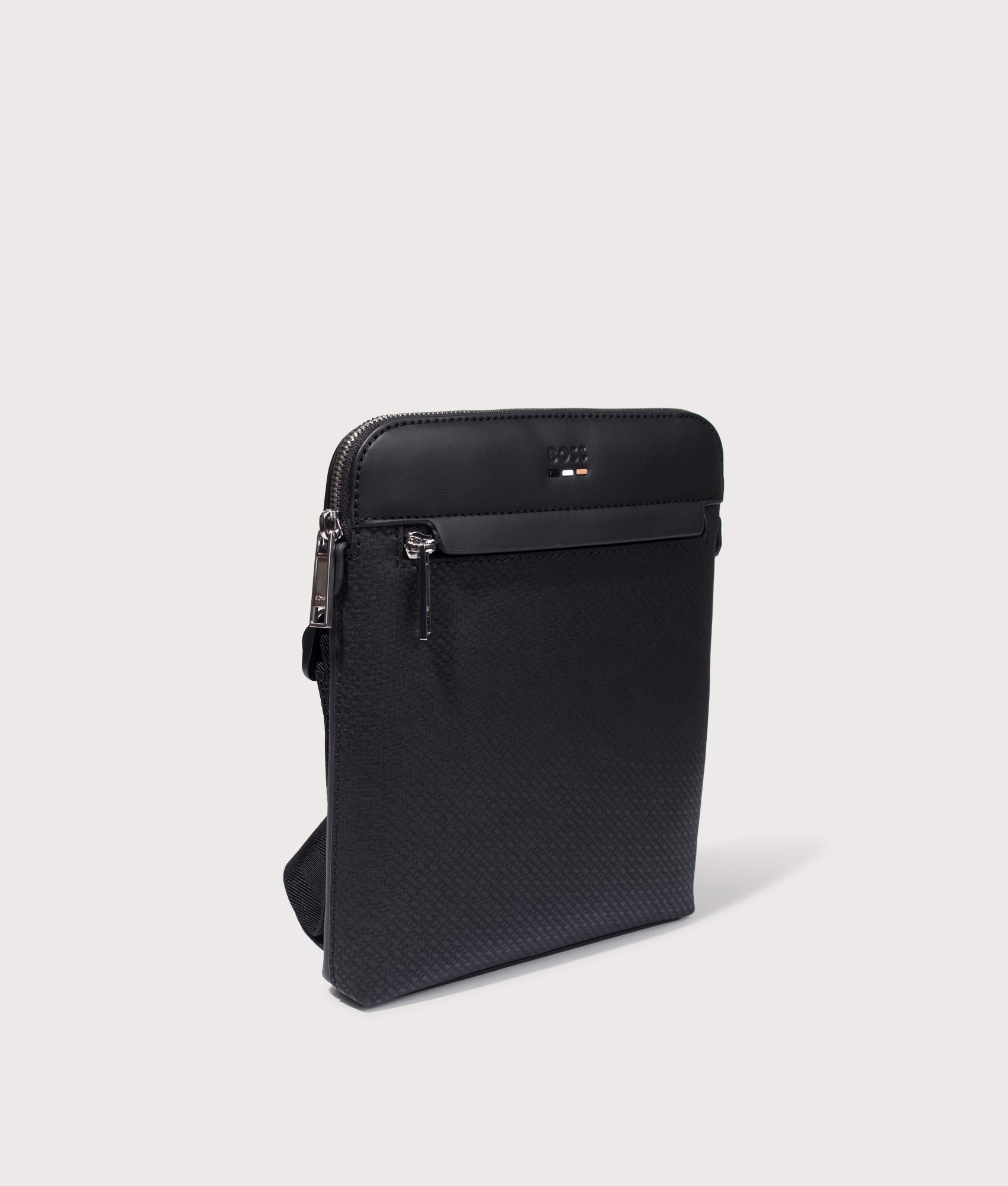 BOSS Ray Envelope Bag in Black at EQVVS Menswear. Angled front shot.