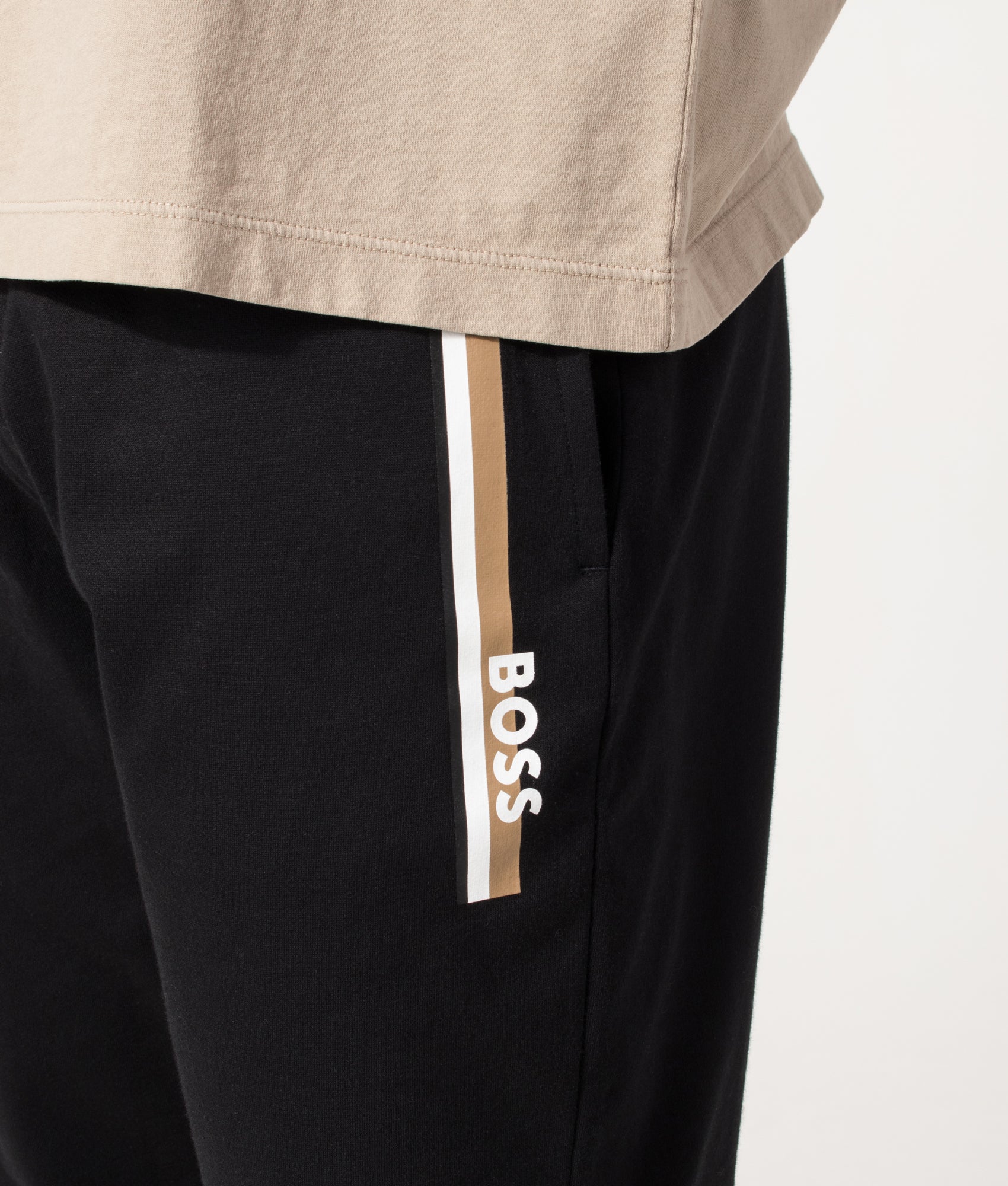 BOSS Authentic Track pants in Black at EQVVS Menswear. Detail shot.